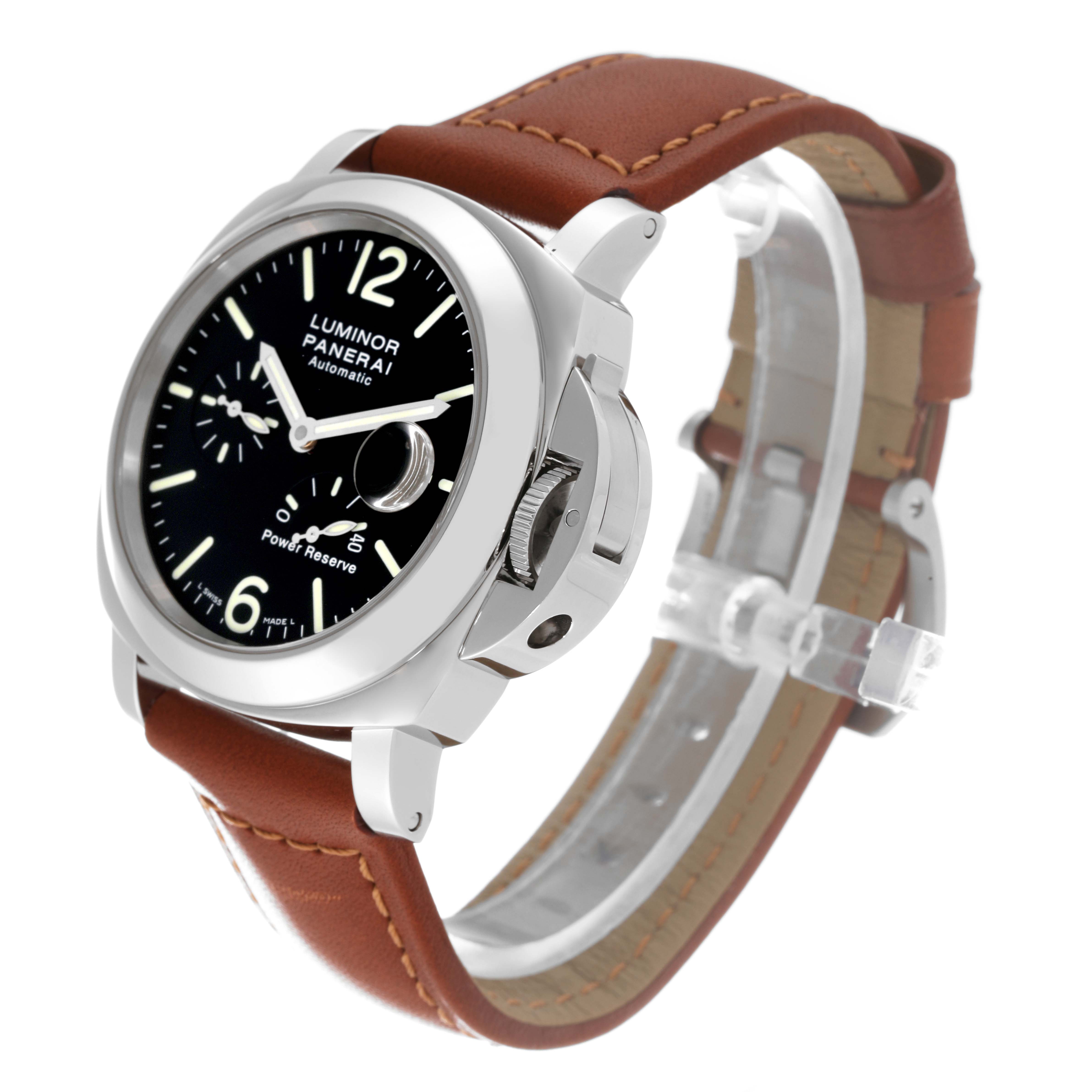 This image showcases the Panerai Luminor PAM00090 Men
s Stainless Steel Black Dial PAM00090 Men
s Stainless Steel Black Dial watch from an angled side view, revealing its brown leather strap and crown guard.