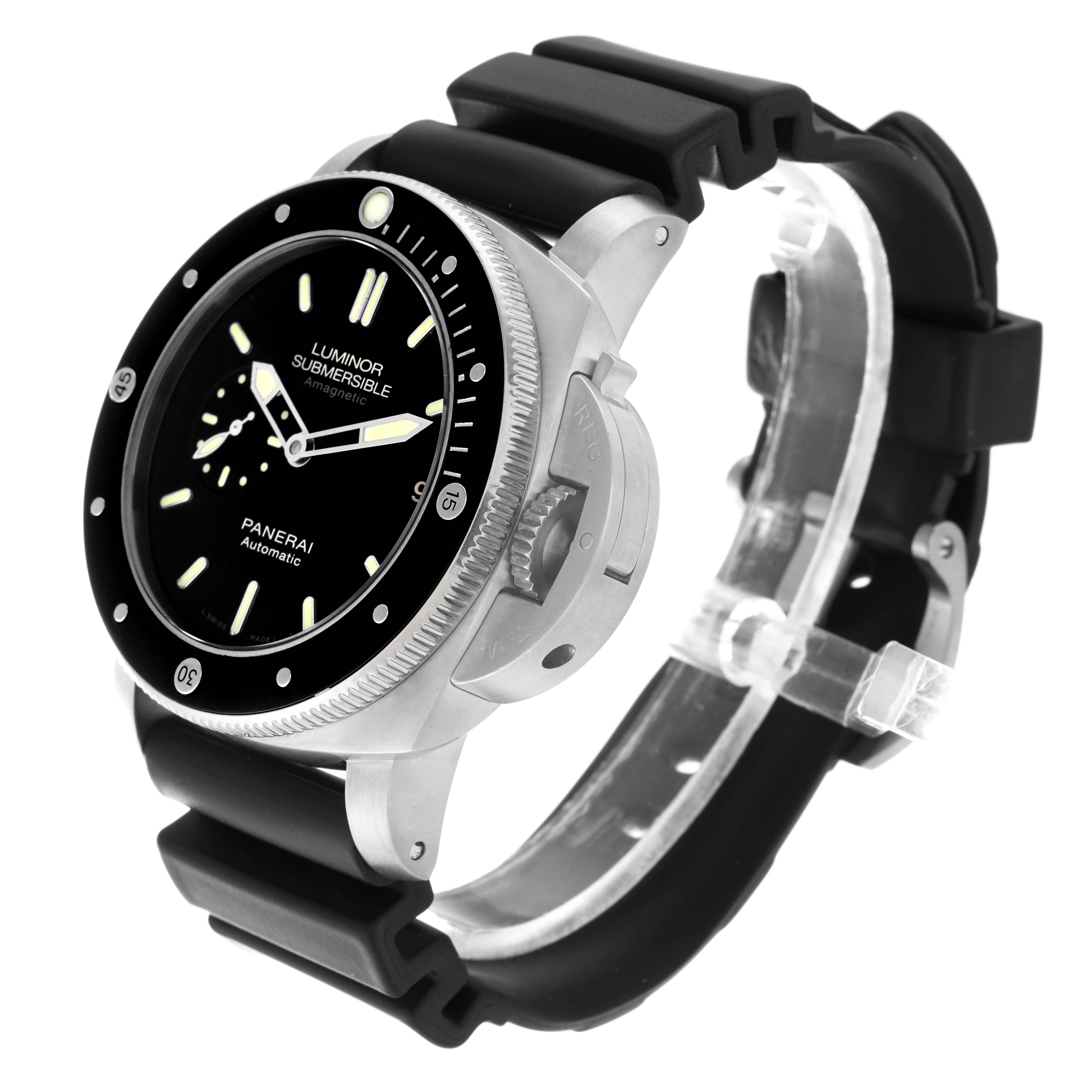 The image shows a Panerai Submersible PAM00389 Men's Titanium Black Dial PAM00389 Men's Titanium Black Dial watch from a three-quarter angle, highlighting its dial, bezel, case, and rubber strap.