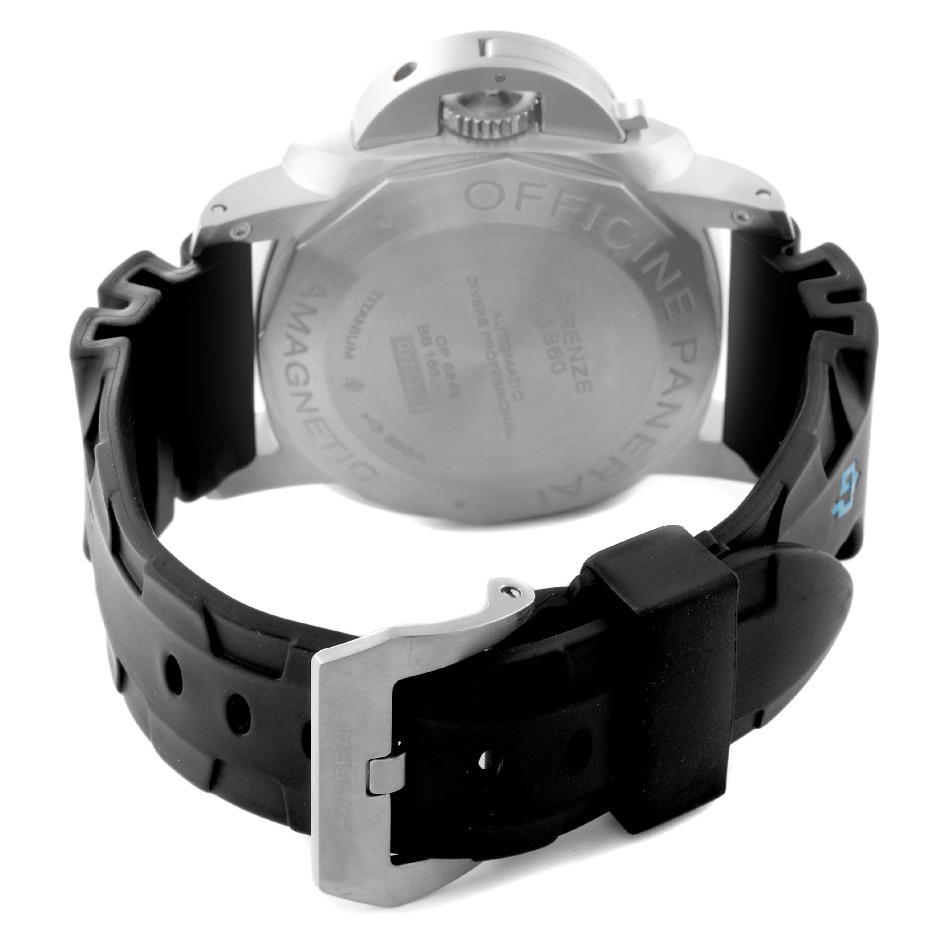 The image shows the back case and strap of a Panerai Submersible PAM00389 Men's Titanium Black Dial PAM00389 Men's Titanium Black Dial watch from a rear angle.