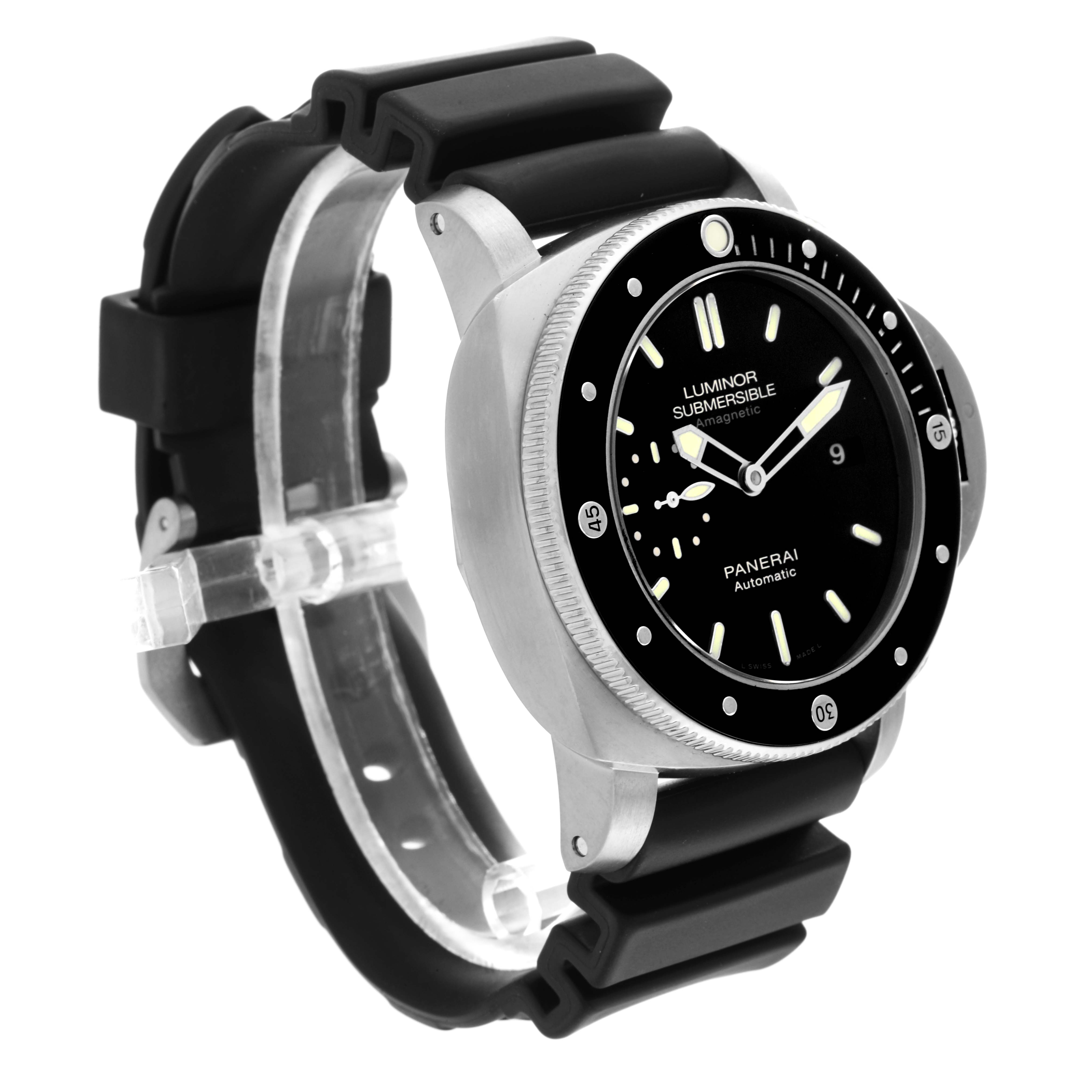 The Panerai Submersible PAM00389 Men's Titanium Black Dial PAM00389 Men's Titanium Black Dial watch is shown at an angled side view, highlighting its case, dial, bezel, and rubber strap.