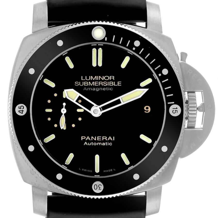 The image shows a front view of the Panerai Luminor Submersible watch, highlighting its bezel, dial, and crown guard.