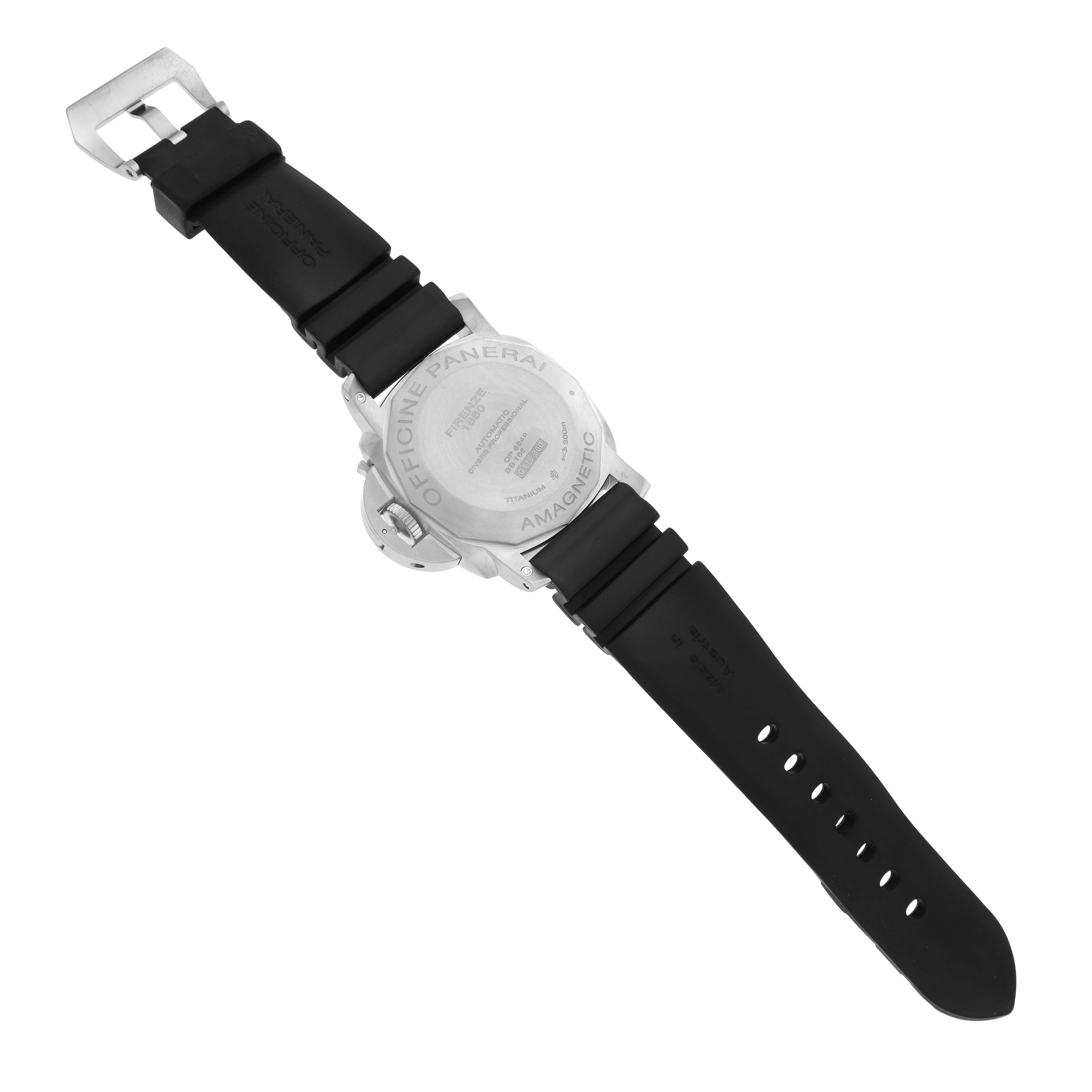 The image shows the back view of a Panerai Submersible PAM00389 Men's Titanium Black Dial PAM00389 Men's Titanium Black Dial watch, including the case back and rubber strap.