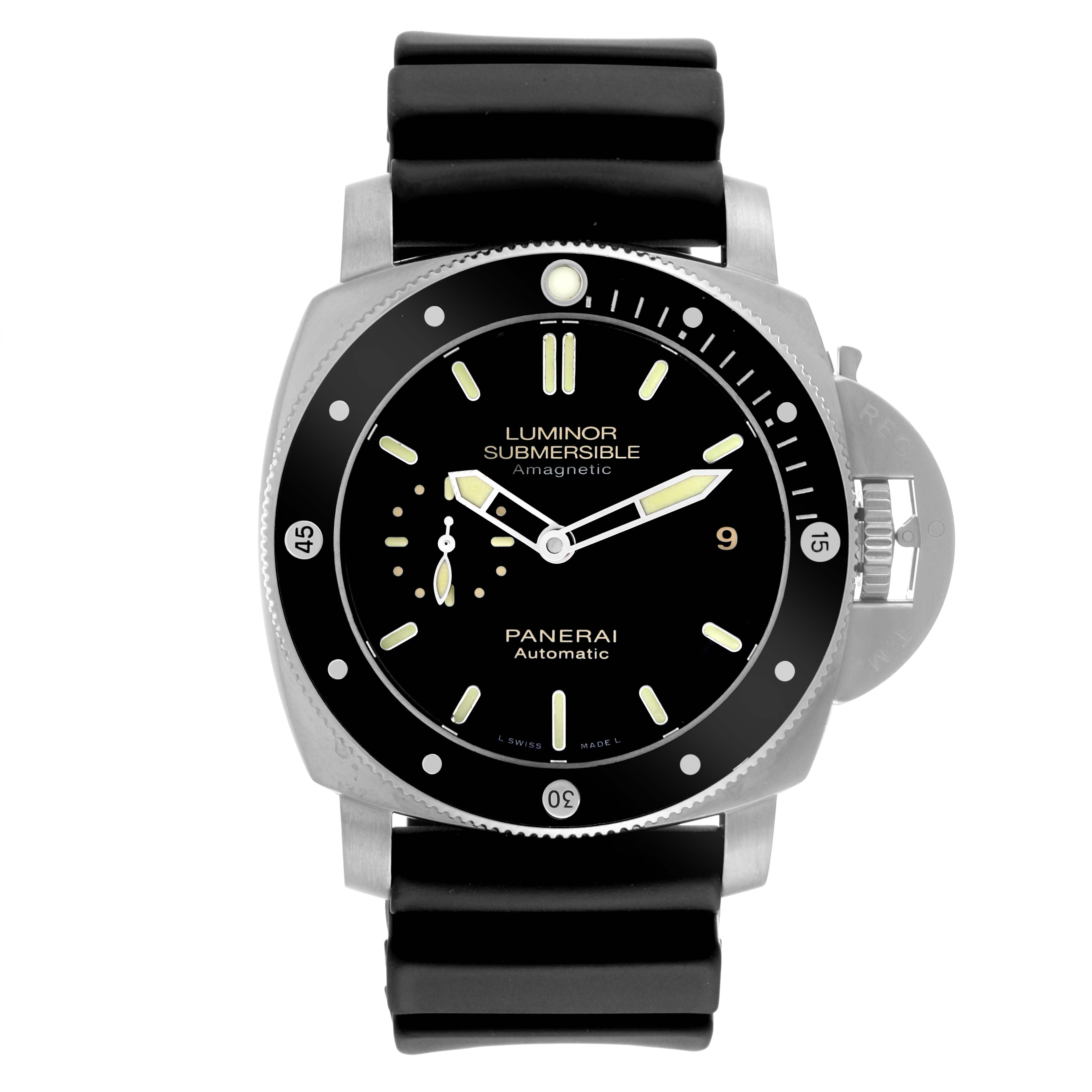 This image shows a front view of the Panerai Submersible PAM00389 Men's Titanium Black Dial PAM00389 Men's Titanium Black Dial model, displaying the dial, bezel, hands, and strap.
