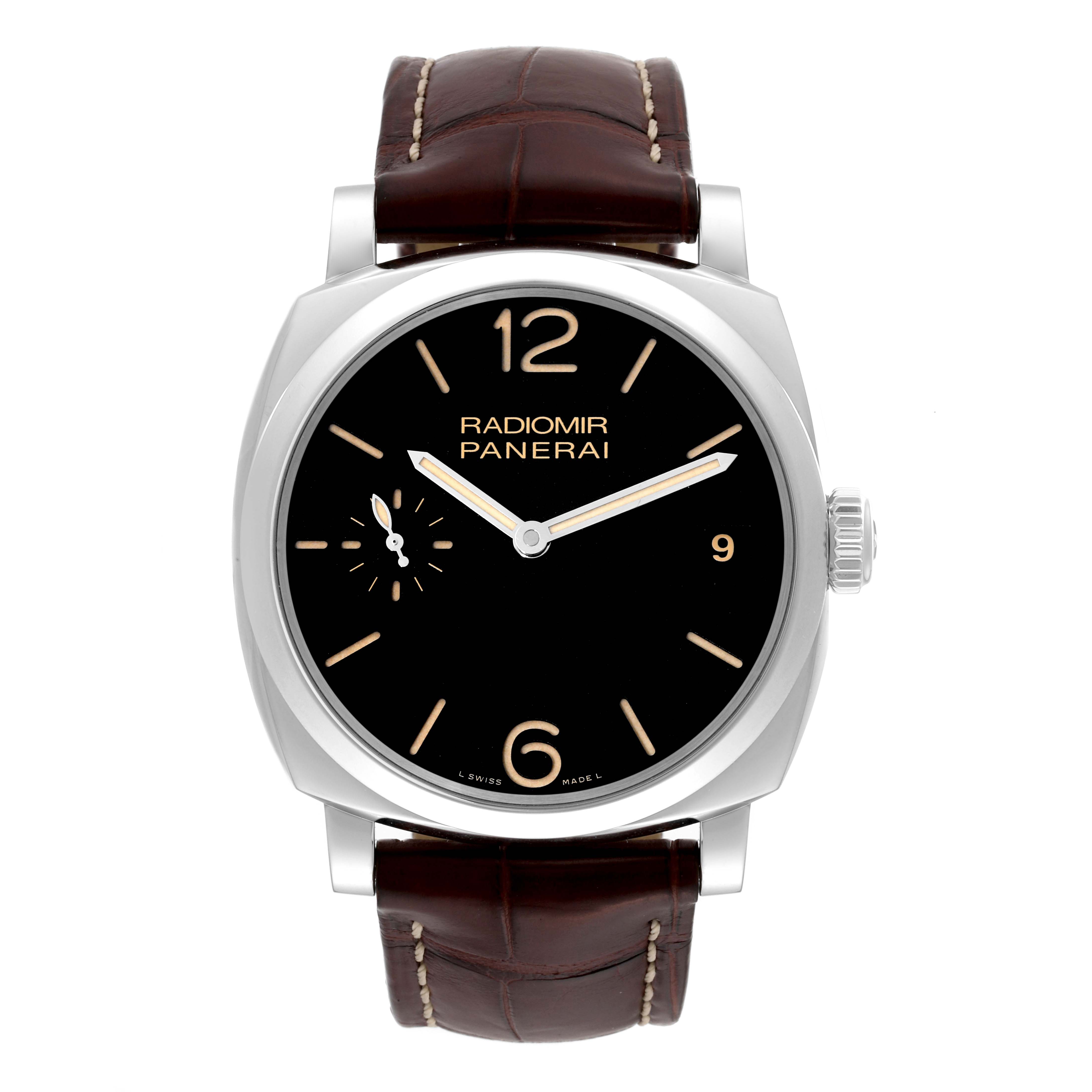 The image shows a front view of the Panerai Radiomir PAM00514 Men's Stainless Steel Black Dial PAM00514 Men's Stainless Steel Black Dial watch, highlighting its dial, hands, crown, and brown leather strap.