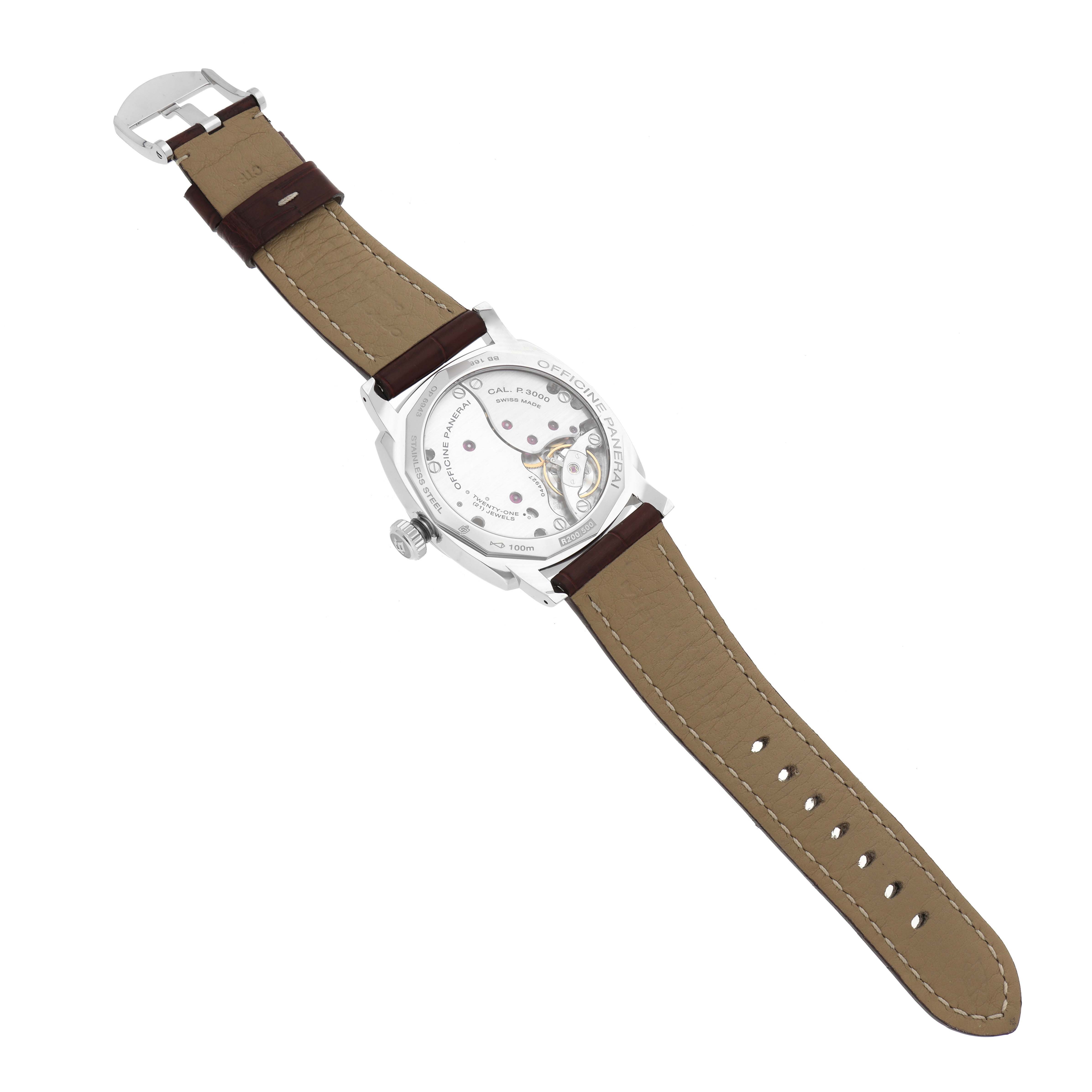 This image shows the back view of a Panerai Radiomir PAM00514 Men's Stainless Steel Black Dial PAM00514 Men's Stainless Steel Black Dial watch with its movement mechanism and beige leather strap visible.