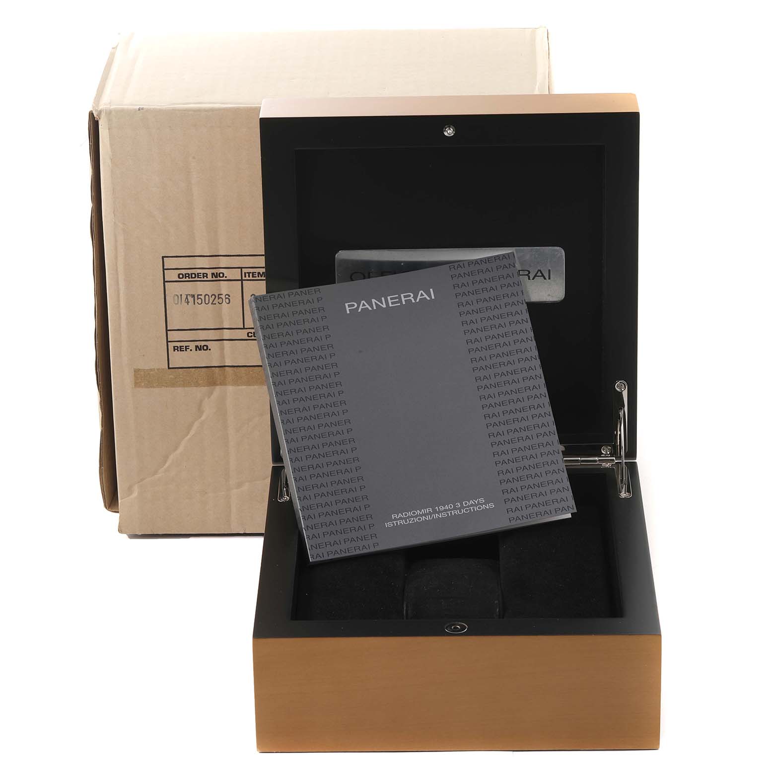 The image shows the Panerai Radiomir PAM00514 Men's Stainless Steel Black Dial PAM00514 Men's Stainless Steel Black Dial watch box with its open lid, displaying a manual and warranty card.