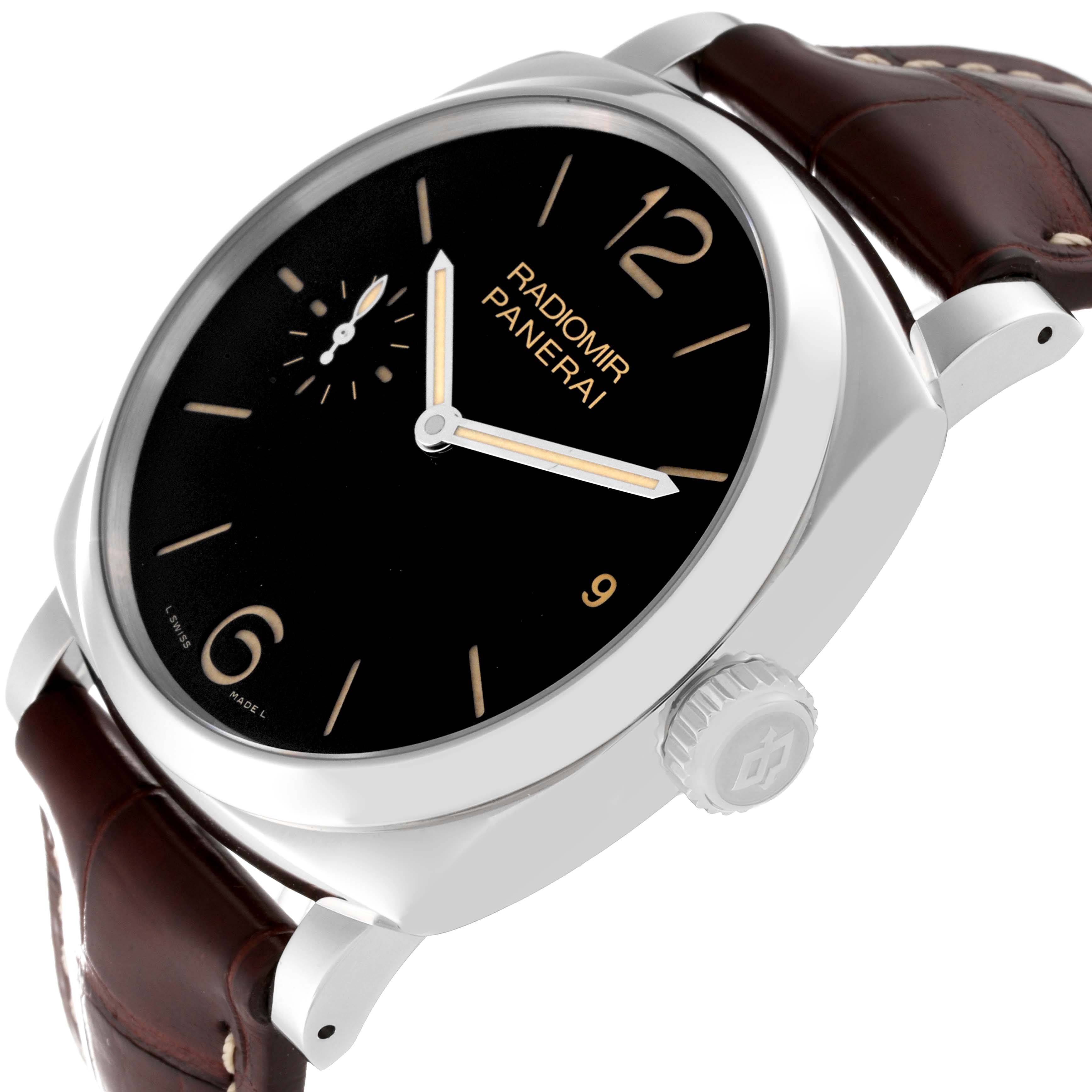 The image shows a Panerai Radiomir PAM00514 Men's Stainless Steel Black Dial PAM00514 Men's Stainless Steel Black Dial watch at a diagonal angle, highlighting its dial, crown, and leather strap.