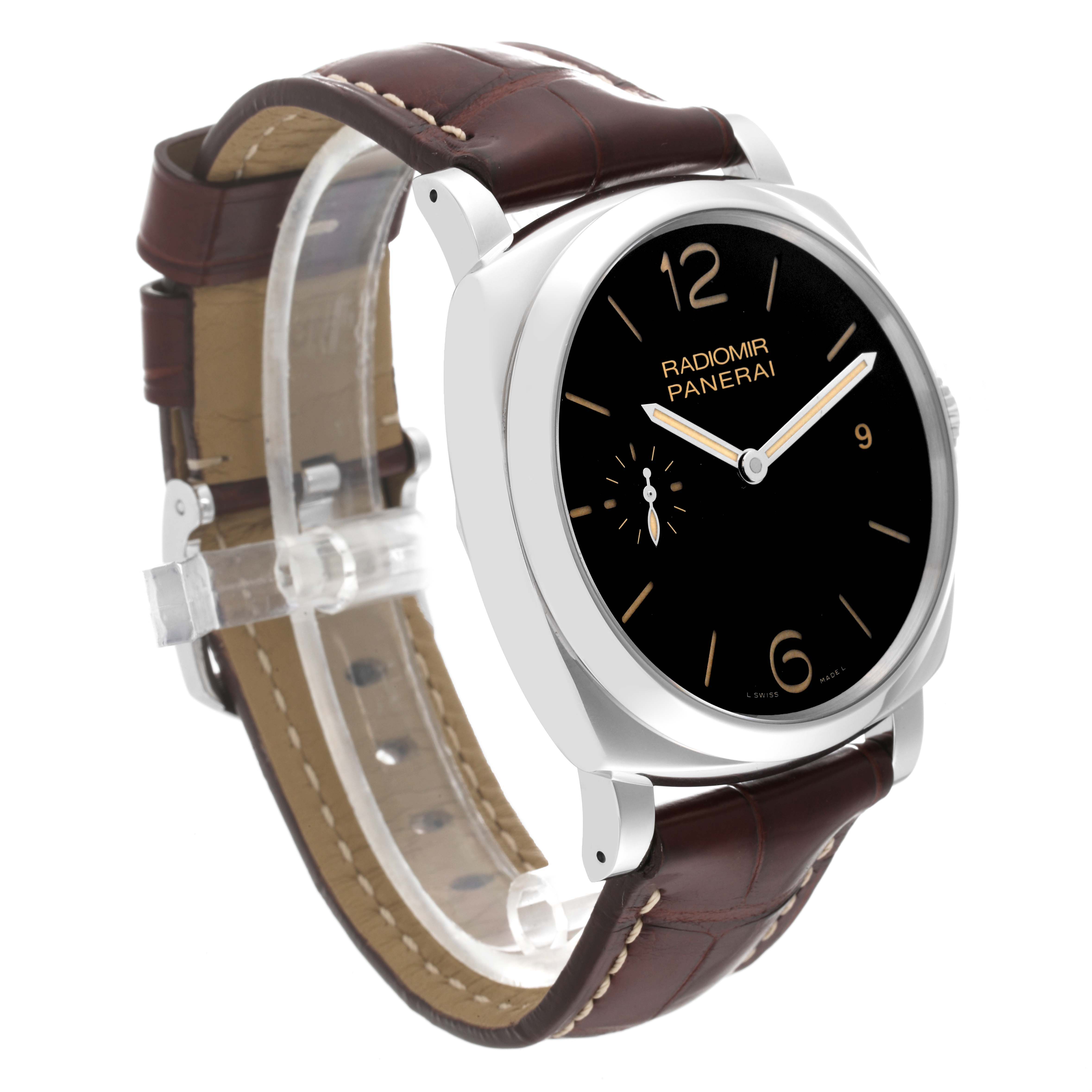 The image shows a side-angle view of a Panerai Radiomir PAM00514 Men's Stainless Steel Black Dial PAM00514 Men's Stainless Steel Black Dial watch, featuring its round black dial, leather strap, and polished case.
