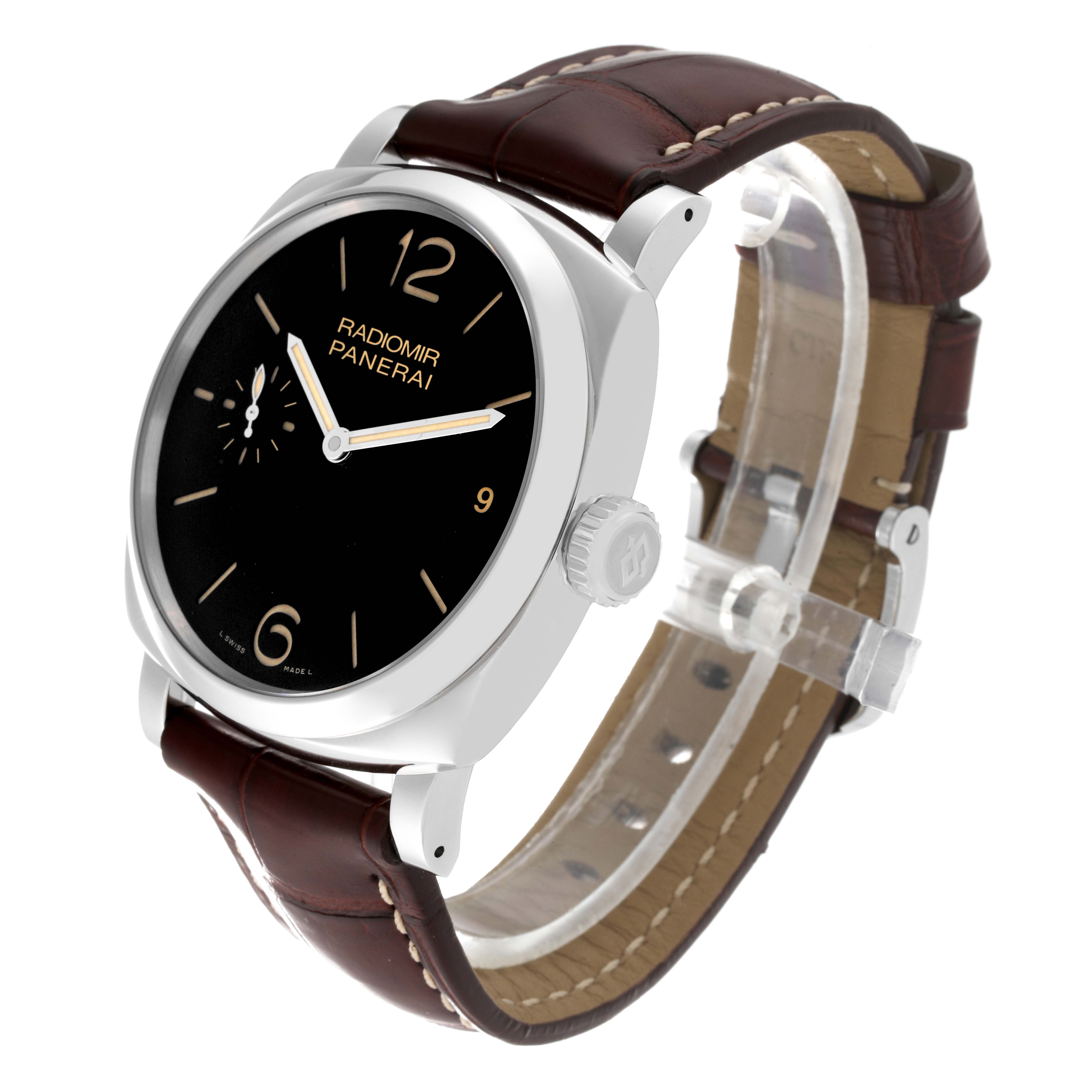 The Panerai Radiomir PAM00514 Men's Stainless Steel Black Dial PAM00514 Men's Stainless Steel Black Dial watch is shown at an angle revealing the dial, crown, and leather strap.