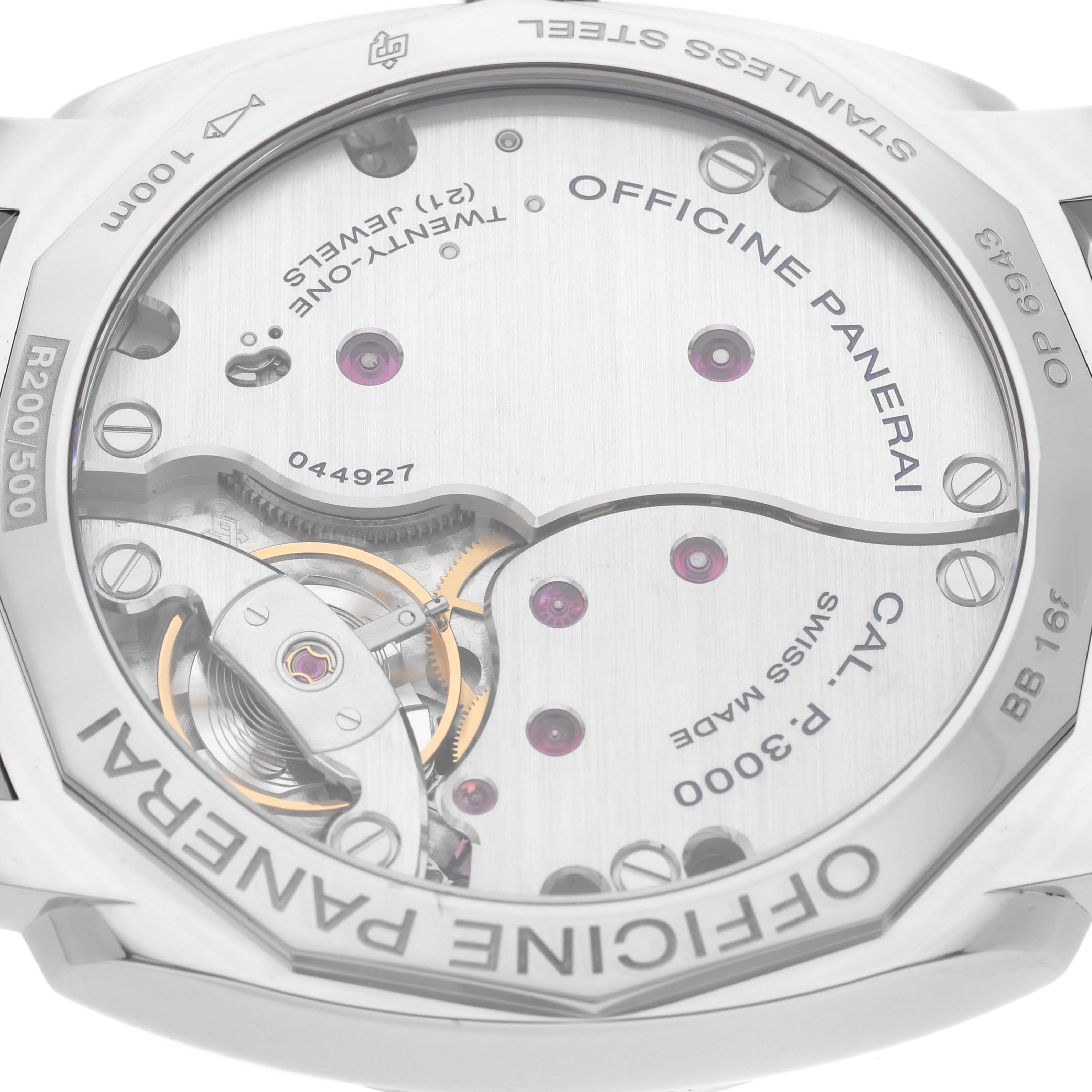 The image shows the rear view, exposing the intricate movement and inner workings of the Panerai Radiomir PAM00514 Men's Stainless Steel Black Dial PAM00514 Men's Stainless Steel Black Dial watch.