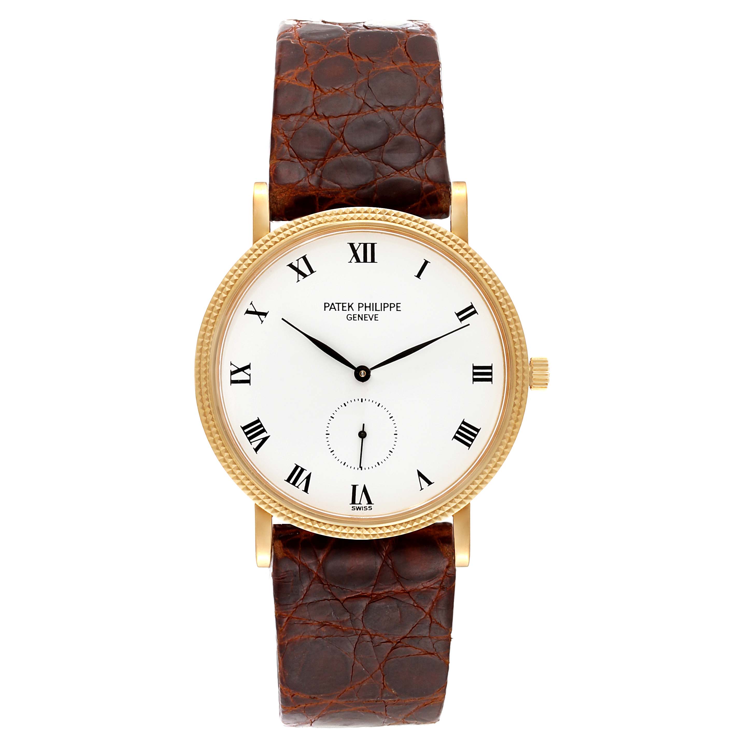 This image shows a front view of the Patek Philippe Calatrava 3919J Men's Yellow Gold White Dial 3919J Men's Yellow Gold White Dial watch with a brown leather strap and a gold case.