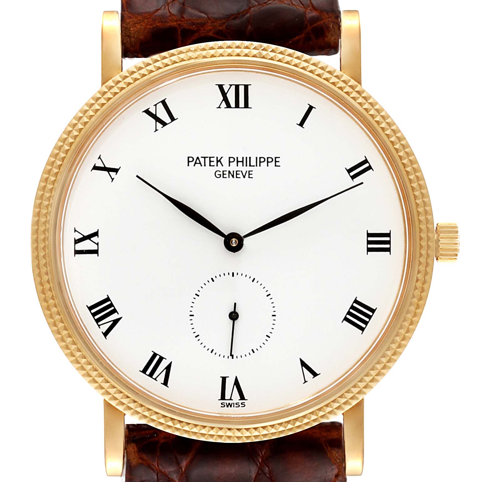This image shows a Patek Philippe Calatrava 3919J Men's Yellow Gold White Dial 3919J Men's Yellow Gold White Dial watch face, crown, and leather strap from a front angle.