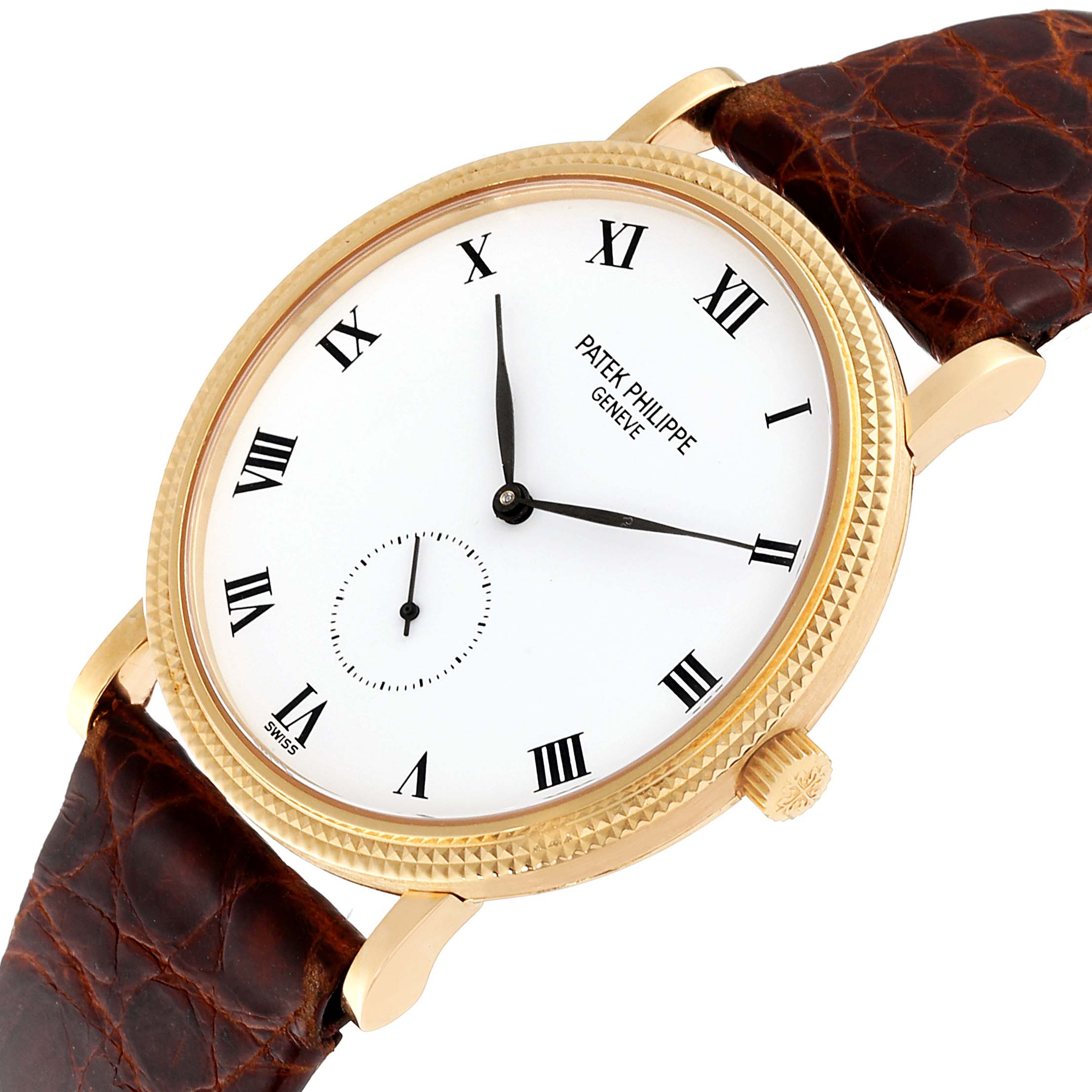 The image shows a Patek Philippe Calatrava 3919J Men's Yellow Gold White Dial 3919J Men's Yellow Gold White Dial watch at an angled top-down view, highlighting the dial, bezel, crown, and leather strap.