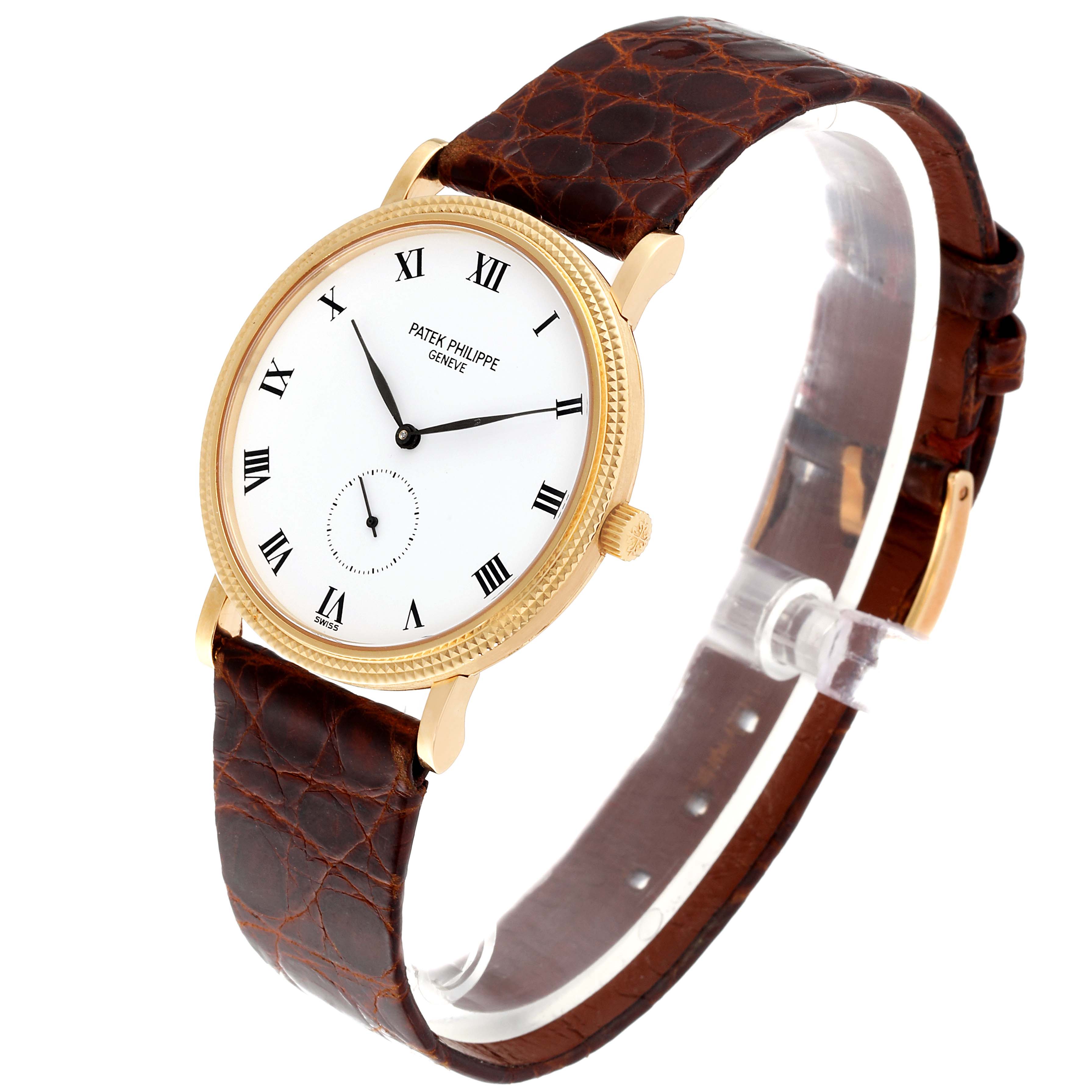 This image shows a Patek Philippe Calatrava 3919J Men's Yellow Gold White Dial 3919J Men's Yellow Gold White Dial model watch at a slight angle, highlighting its dial, bezel, and leather strap.