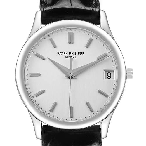 The Patek Philippe Calatrava 3998P 3998 Men's Platinum Silver Dial watch is shown from the front, highlighting the dial, hands, indices, and date window.