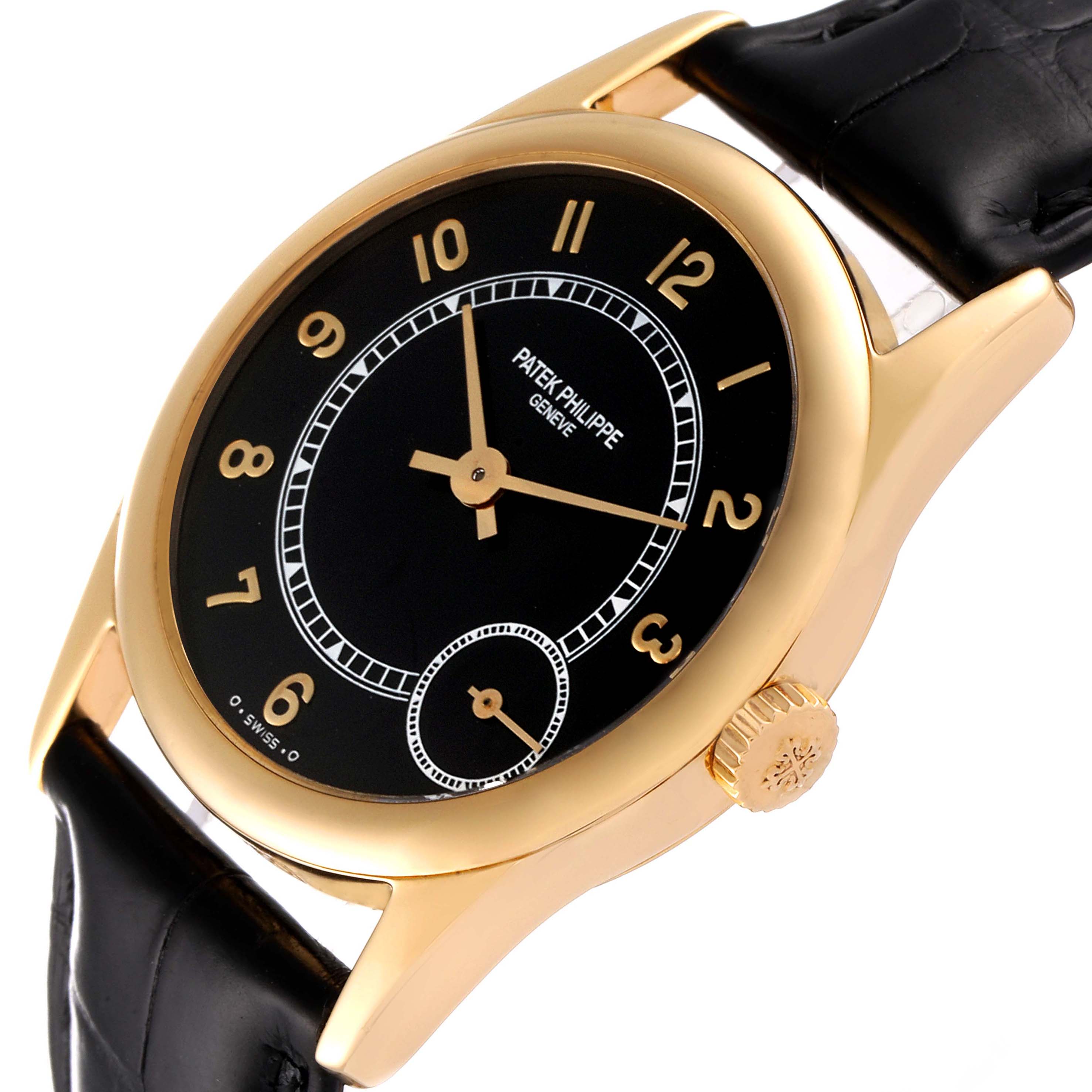The image shows a close-up of the Patek Philippe Calatrava 5000J Men's Yellow Gold Black Dial 5000J Men's Yellow Gold Black Dial watch at an angle, highlighting its gold case, black dial, and crown.