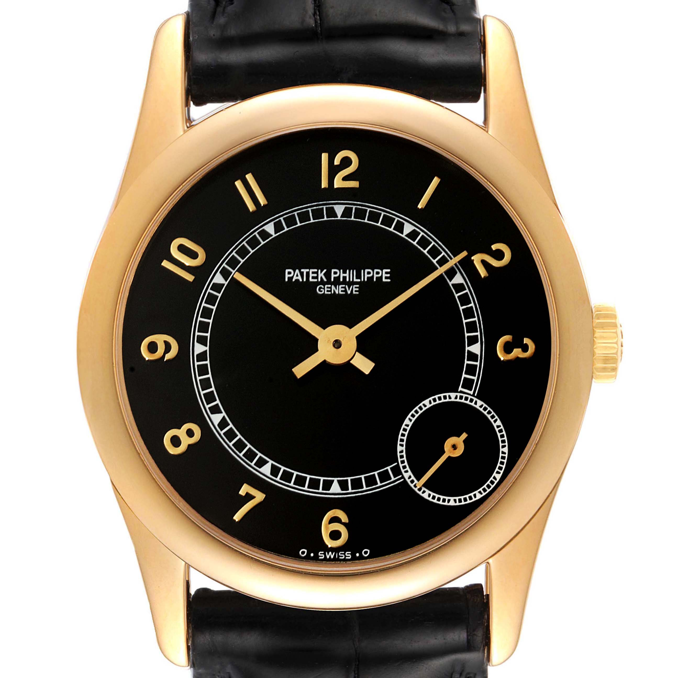 The image shows a front view of a Patek Philippe Calatrava 5000J Men's Yellow Gold Black Dial 5000J Men's Yellow Gold Black Dial model watch, displaying its black dial, gold case, and black leather strap.