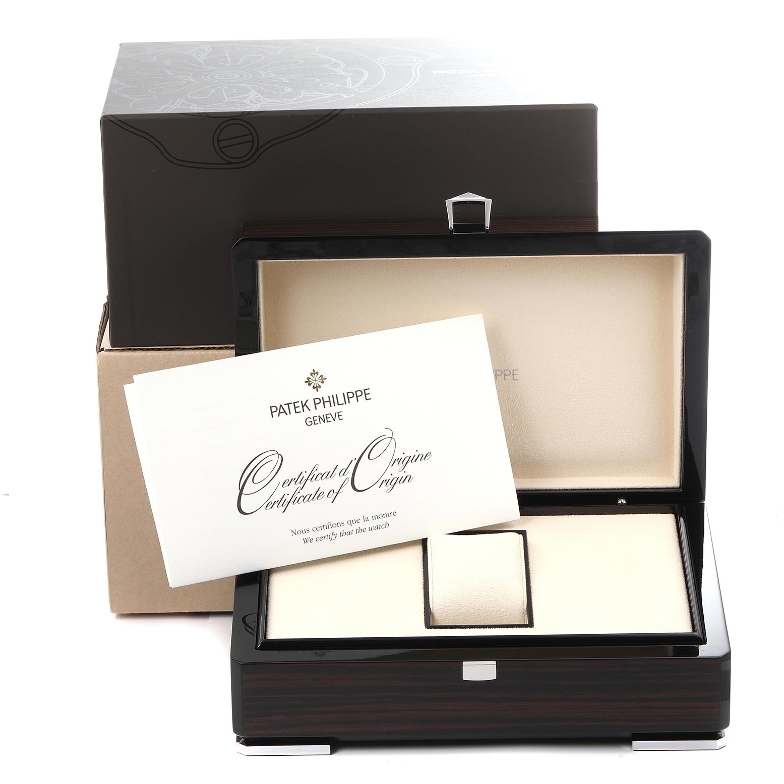 The image shows a Patek Philippe Complications 5146G-010 Men's White Gold Grey Dial 5146G-010 Men's White Gold Grey Dial watch box and certificate, viewed from the front.