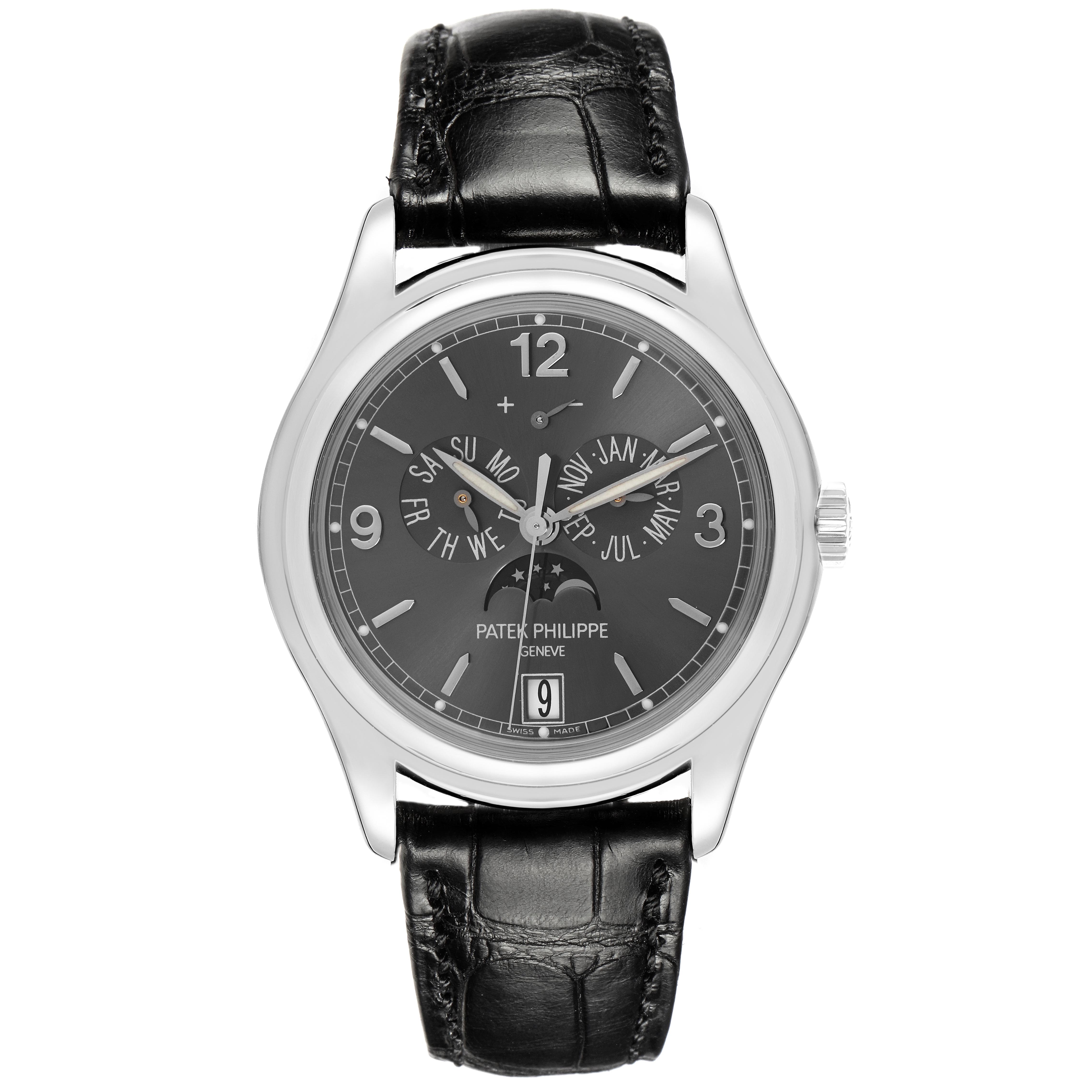 The image shows a Patek Philippe Complications 5146G-010 Men's White Gold Grey Dial 5146G-010 Men's White Gold Grey Dial watch from the front, highlighting the face, strap, and side crown.