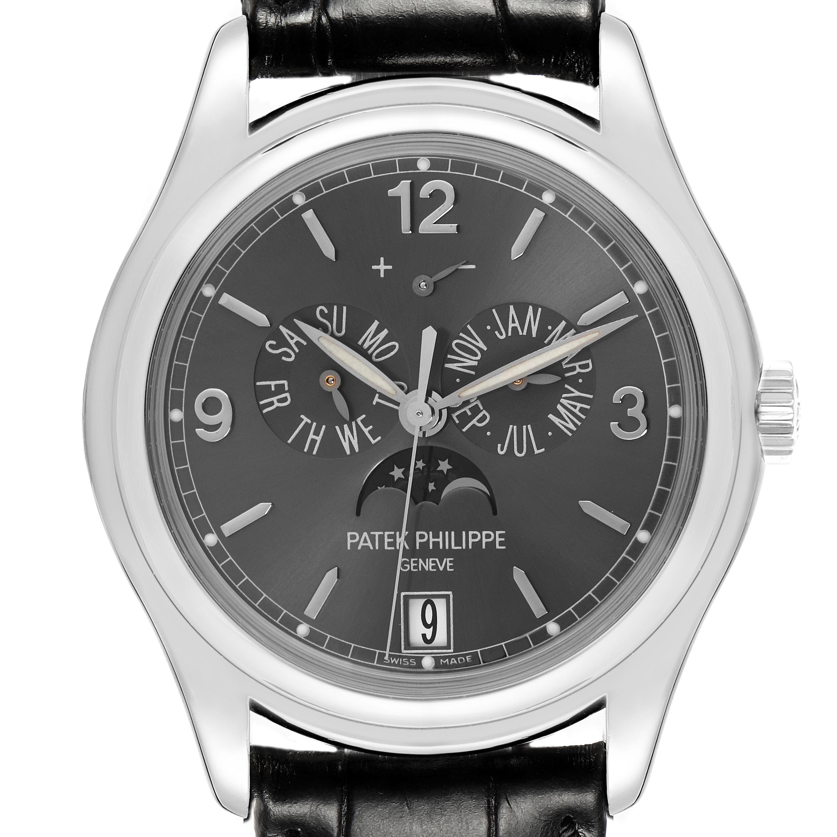 The Patek Philippe Complications 5146G-010 Men's White Gold Grey Dial 5146G-010 Men's White Gold Grey Dial watch is shown from a front angle, highlighting its dial details and leather strap.