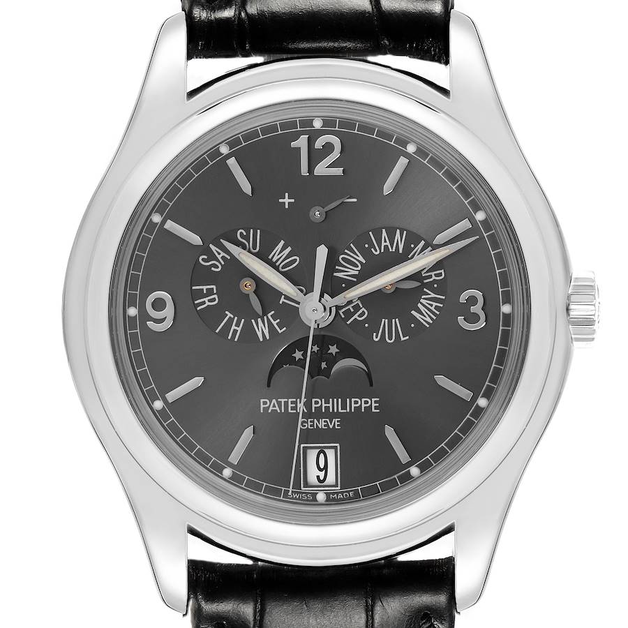 The Patek Philippe Complications watch is shown from a front angle, highlighting its dial details and leather strap.