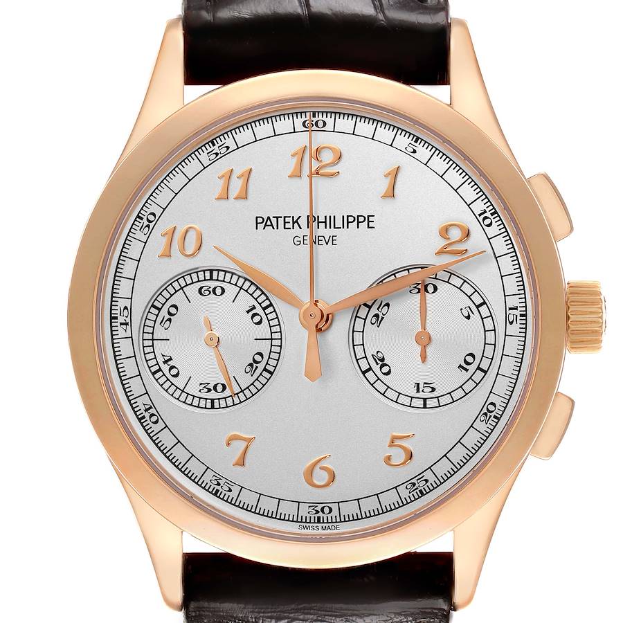 The Patek Philippe Complications 5170R Men's Rose Gold Silver Dial model is shown from a front angle, displaying its dial, hour markers, and subdials.