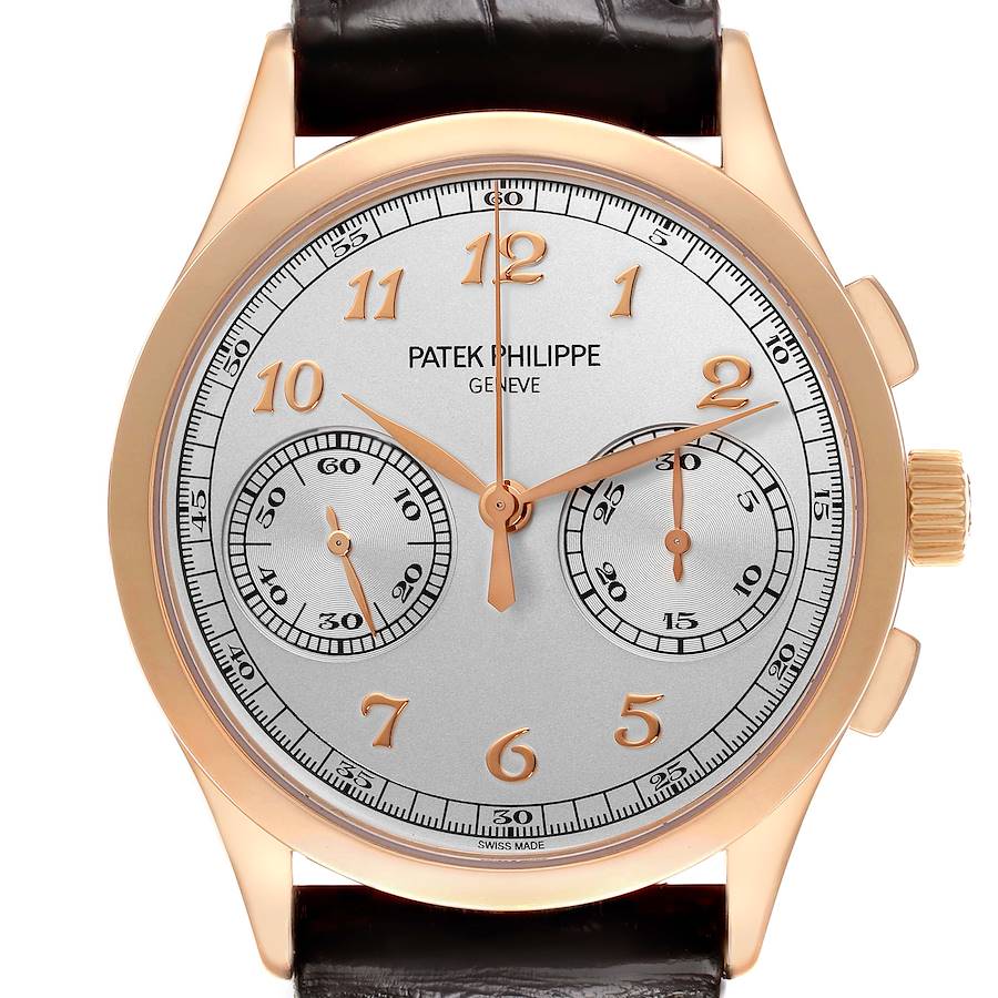 The image shows a frontal view of a Patek Philippe Complications watch, highlighting the dial, subdials, crown, and part of the strap.