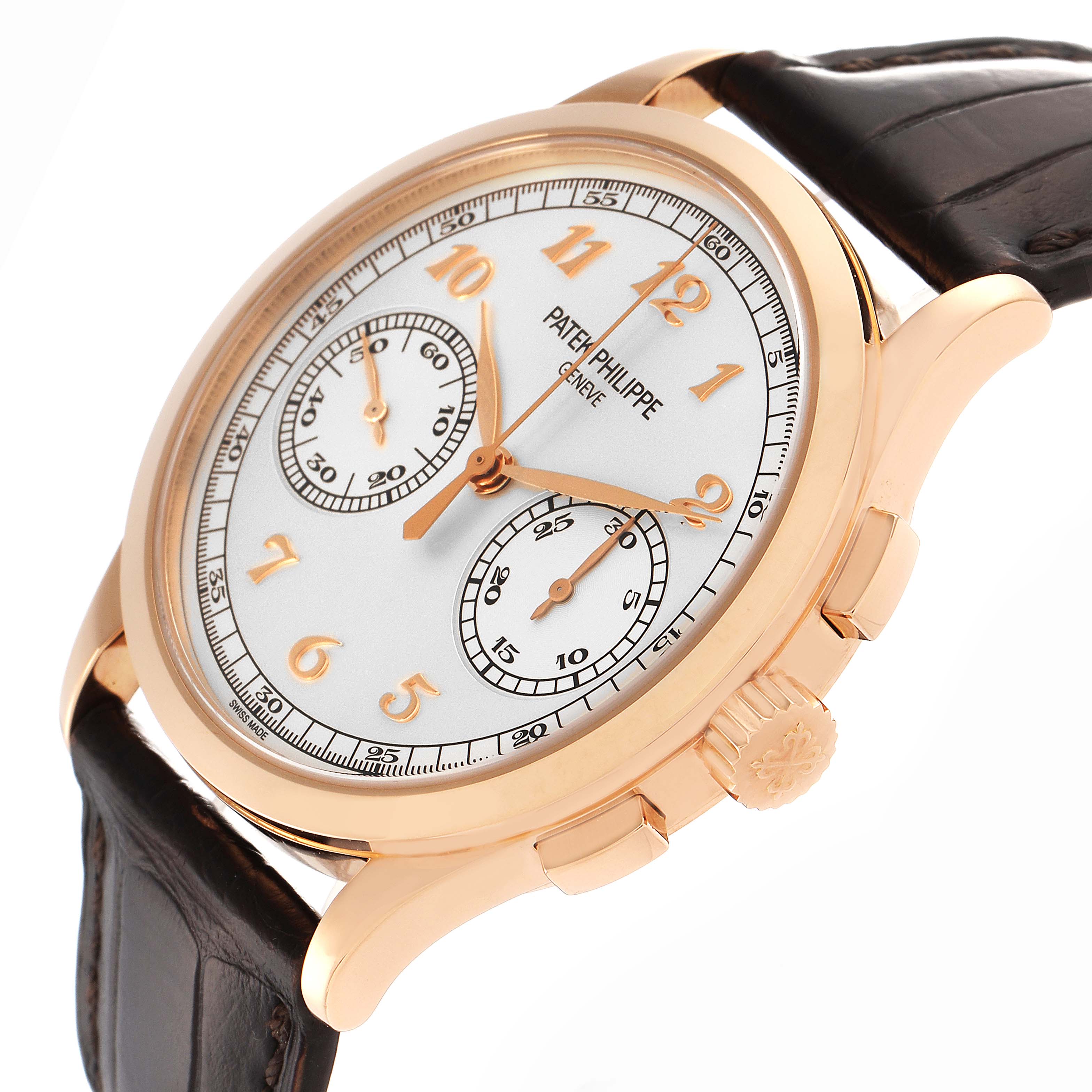 The image shows a side angle of the Patek Philippe Complications 5170R Men's Rose Gold Silver Dial 5170R Men's Rose Gold Silver Dial watch, displaying the dial, crown, and part of the leather strap.
