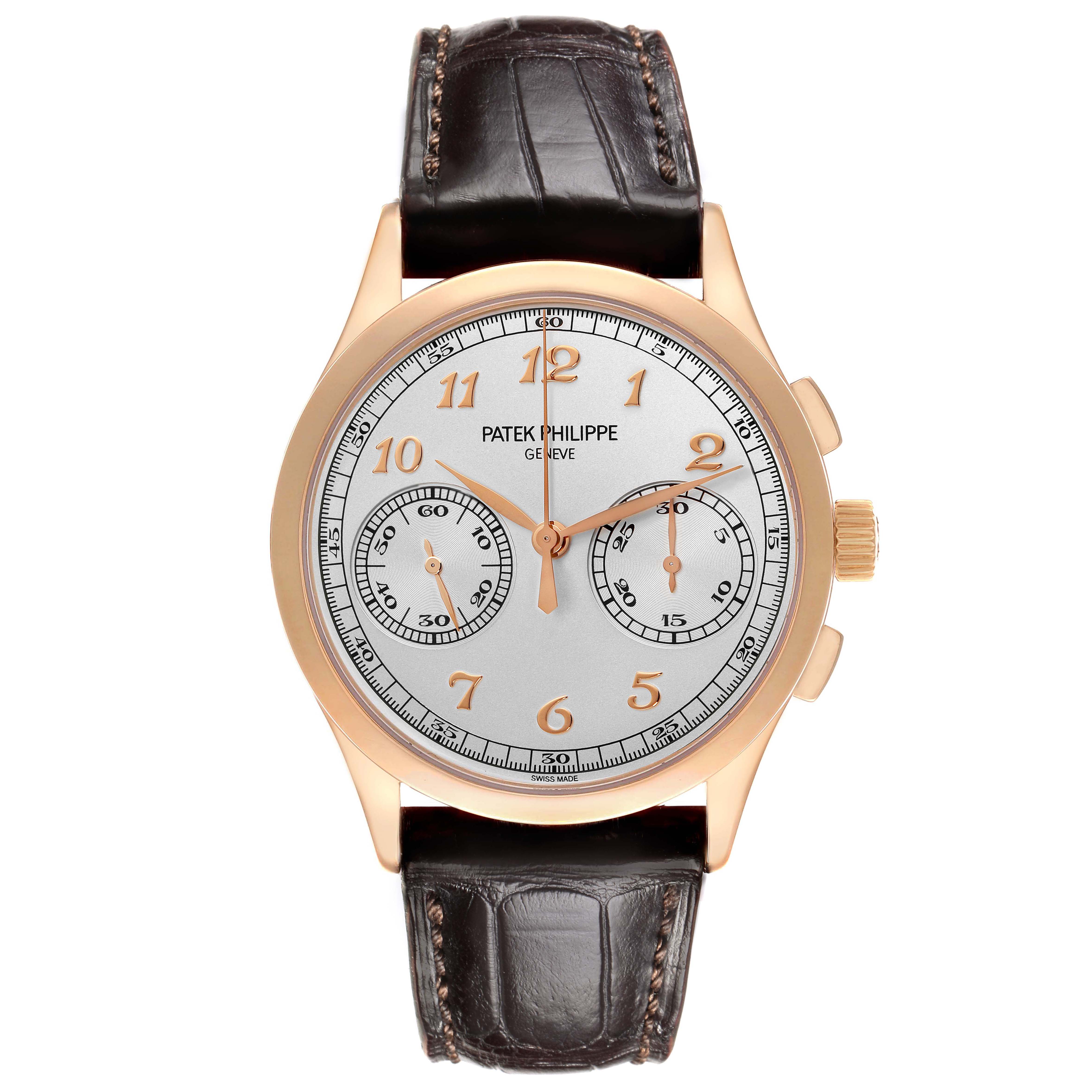 The Patek Philippe Complications 5170R Men's Rose Gold Silver Dial watch is shown from the front, displaying the dial, subdials, and leather strap.