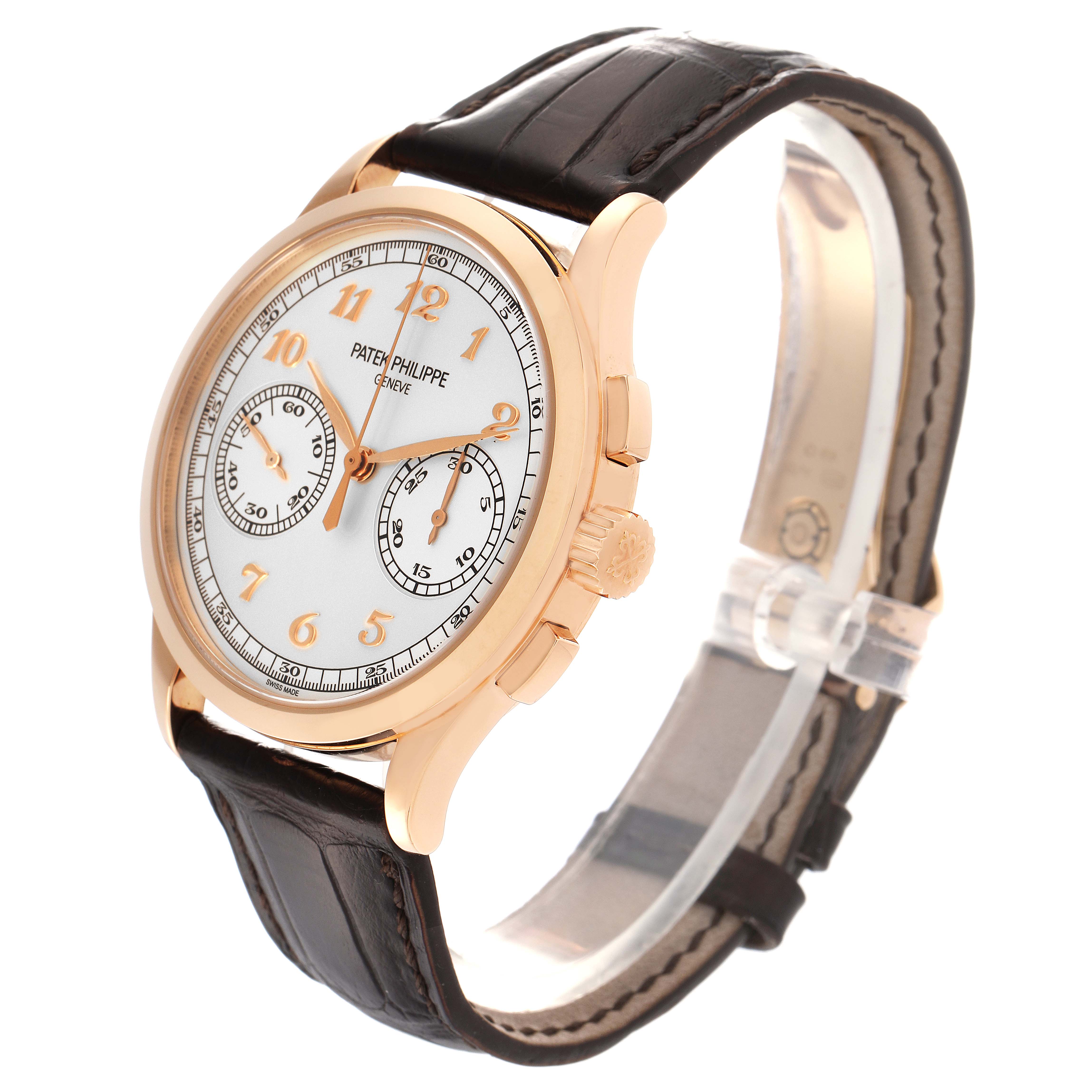 The image shows a Patek Philippe Complications 5170R Men's Rose Gold Silver Dial 5170R Men's Rose Gold Silver Dial watch at a side angle, displaying the face, crown, pushers, and leather strap.