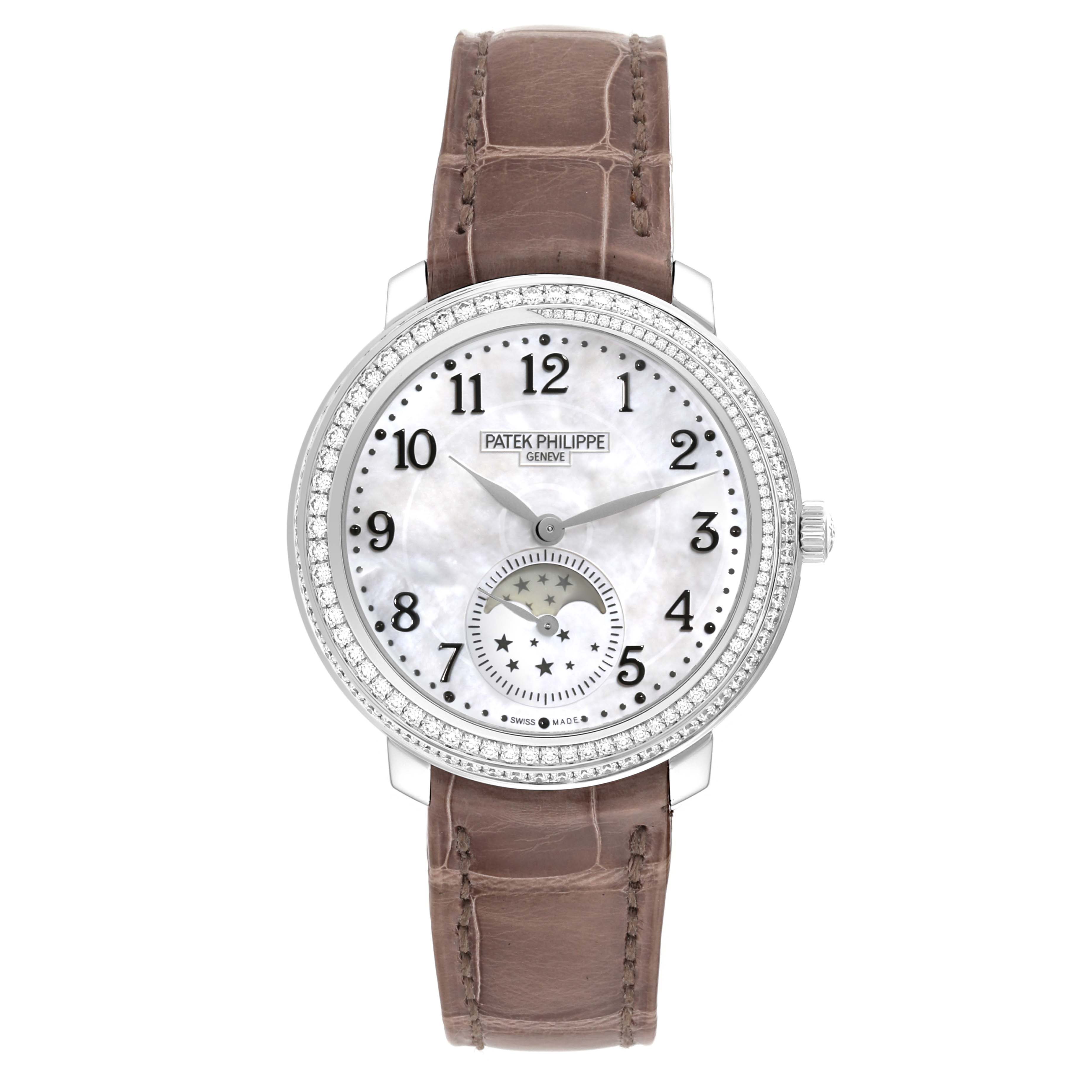 This image shows the front view of a Patek Philippe Complications 4968G-010 Women's White Gold Mother of Pearl Dial 4968G-010 Women's White Gold Mother of Pearl Dial model watch with a brown leather strap and a round face.