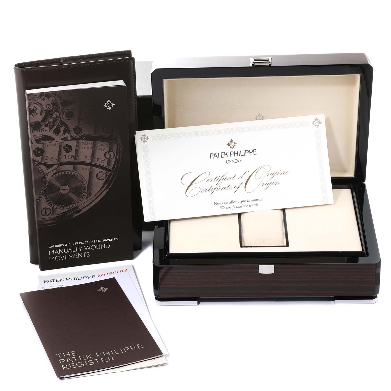The image shows the packaging, certificate, manual, and box for a Patek Philippe Complications 4968G-010 Women's White Gold Mother of Pearl Dial 4968G-010 Women's White Gold Mother of Pearl Dial model watch.