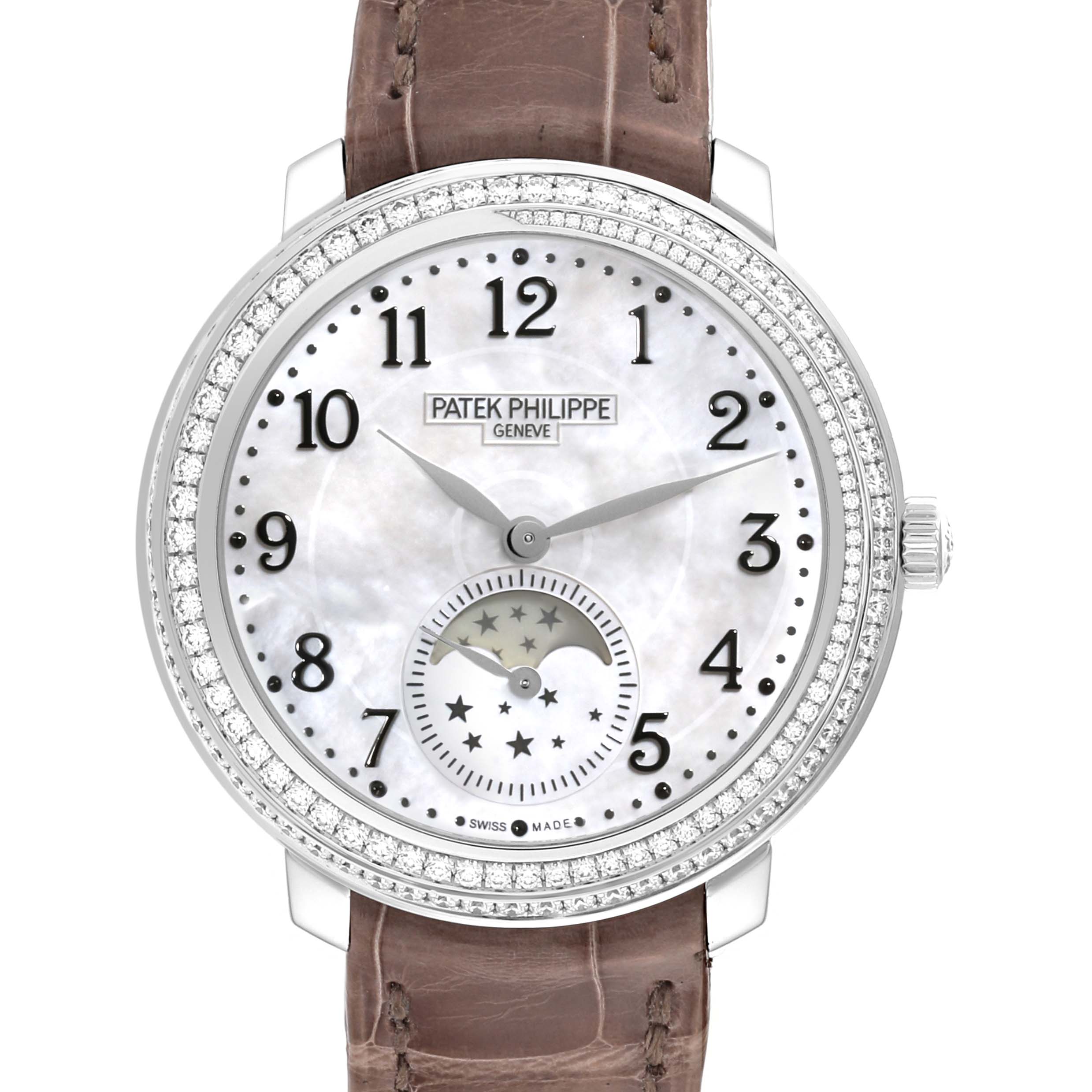 This Patek Philippe Complications 4968G-010 Women's White Gold Mother of Pearl Dial 4968G-010 Women's White Gold Mother of Pearl Dial model watch is shown from a front angle, highlighting its face, bezel, and leather strap.