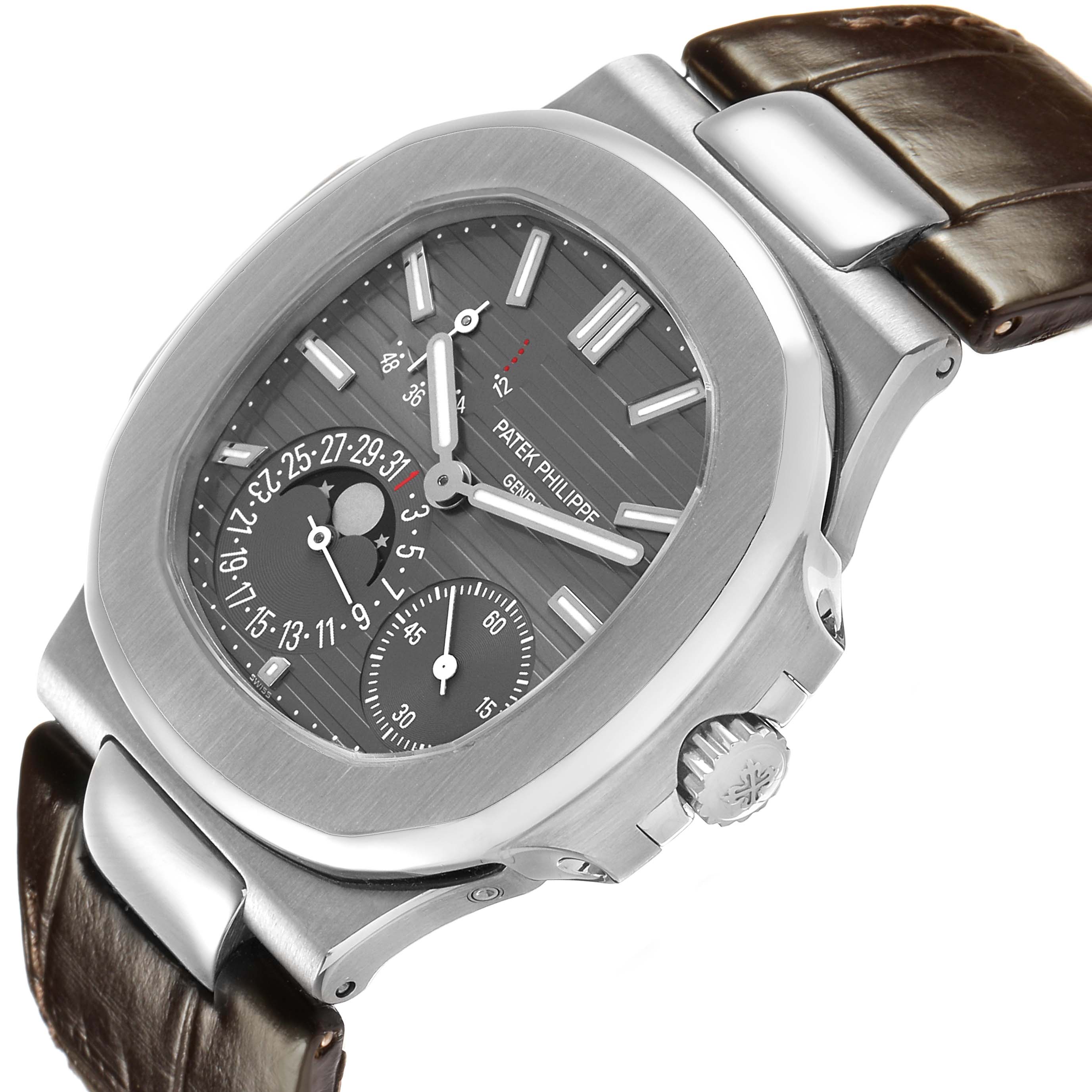 The Patek Philippe Nautilus 5712G-001 Men's White Gold Grey Dial watch is shown at an angled side view, highlighting the case, dial, crown, and leather strap.