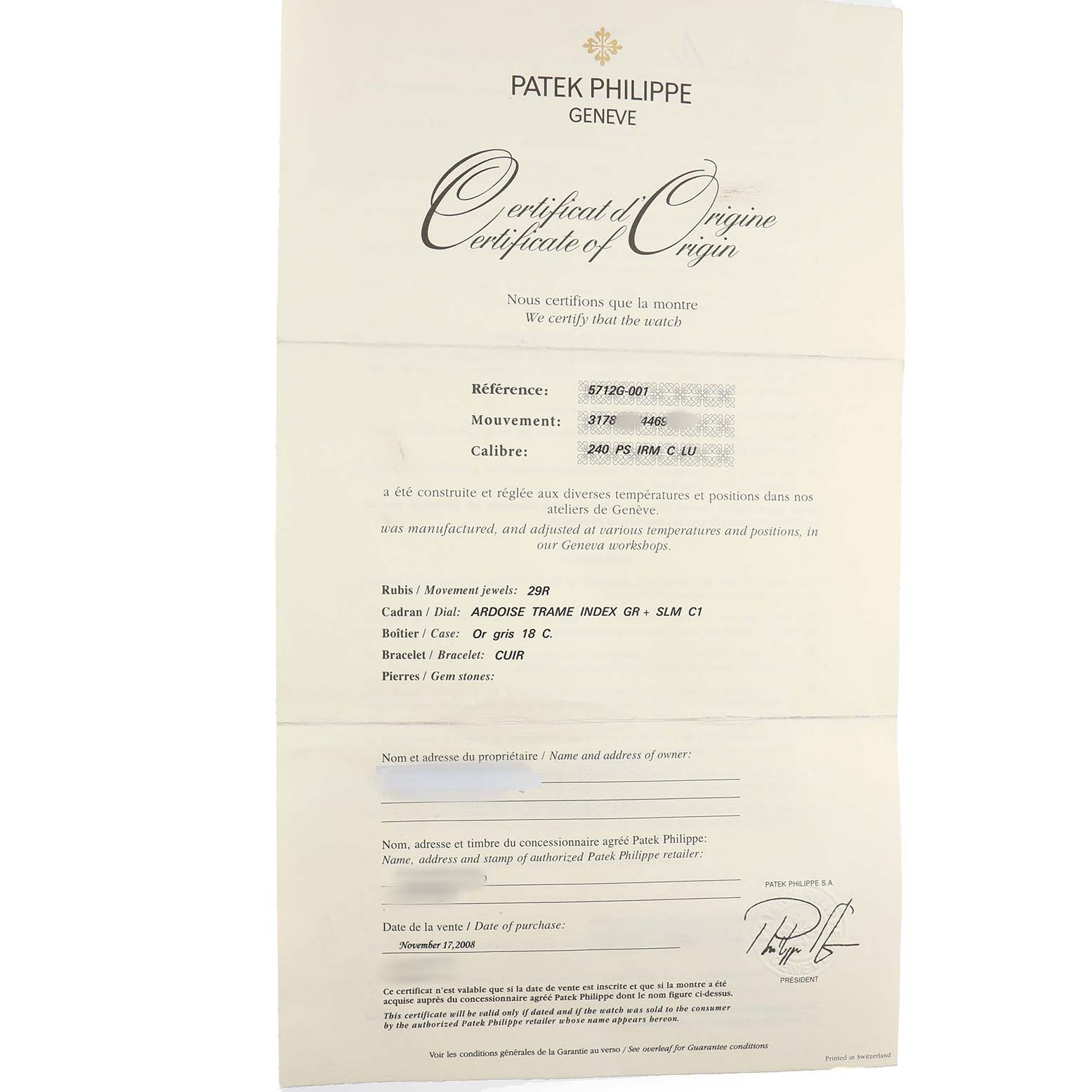 The image shows a "Certificate of Origin" for a Patek Philippe Nautilus 5712G-001 Men's White Gold Grey Dial watch, detailing specifications and purchase info.