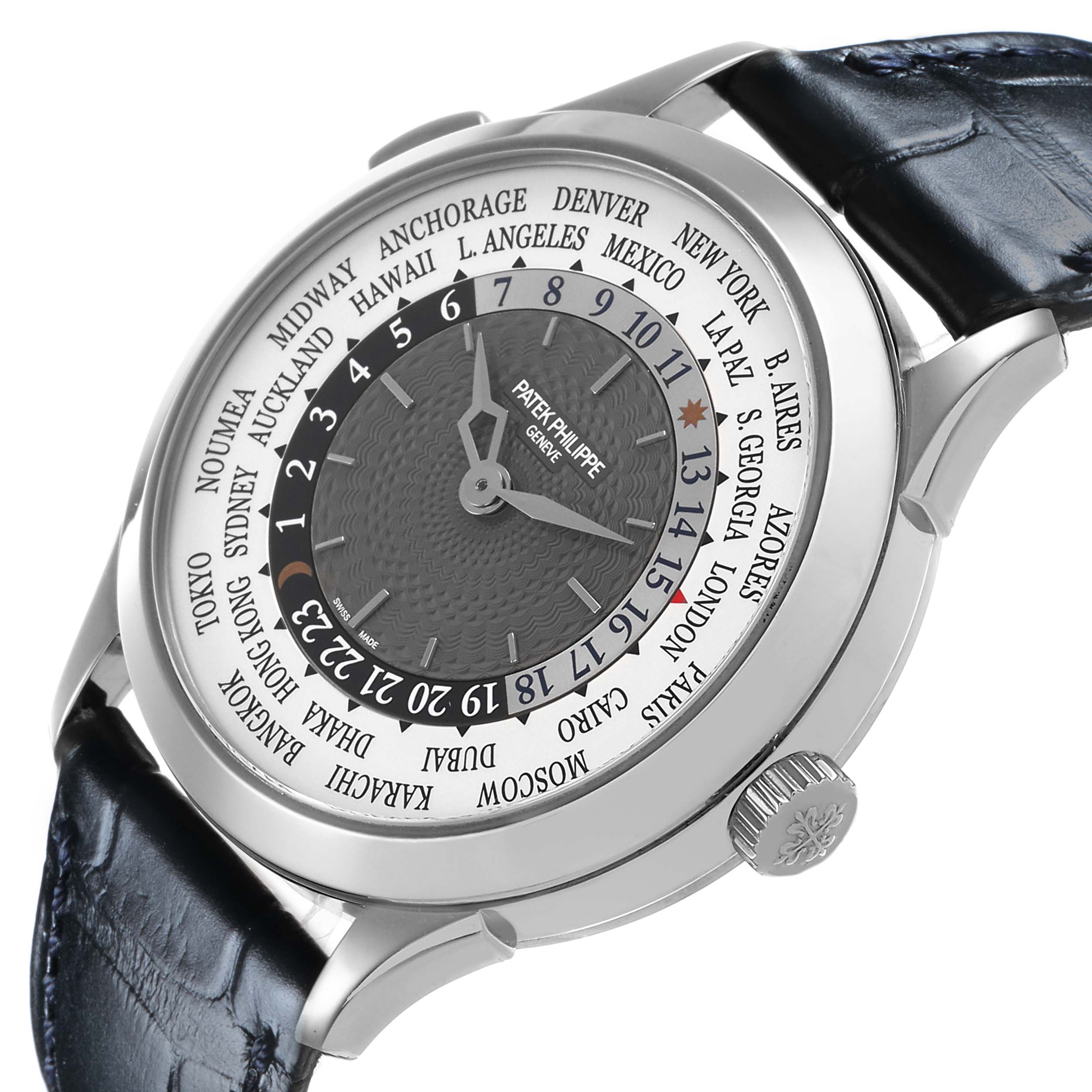 The Patek Philippe Complications 5230G-001 Men's White Gold Grey Dial watch is shown at a side angle, highlighting the face, crown, and leather strap attachment.