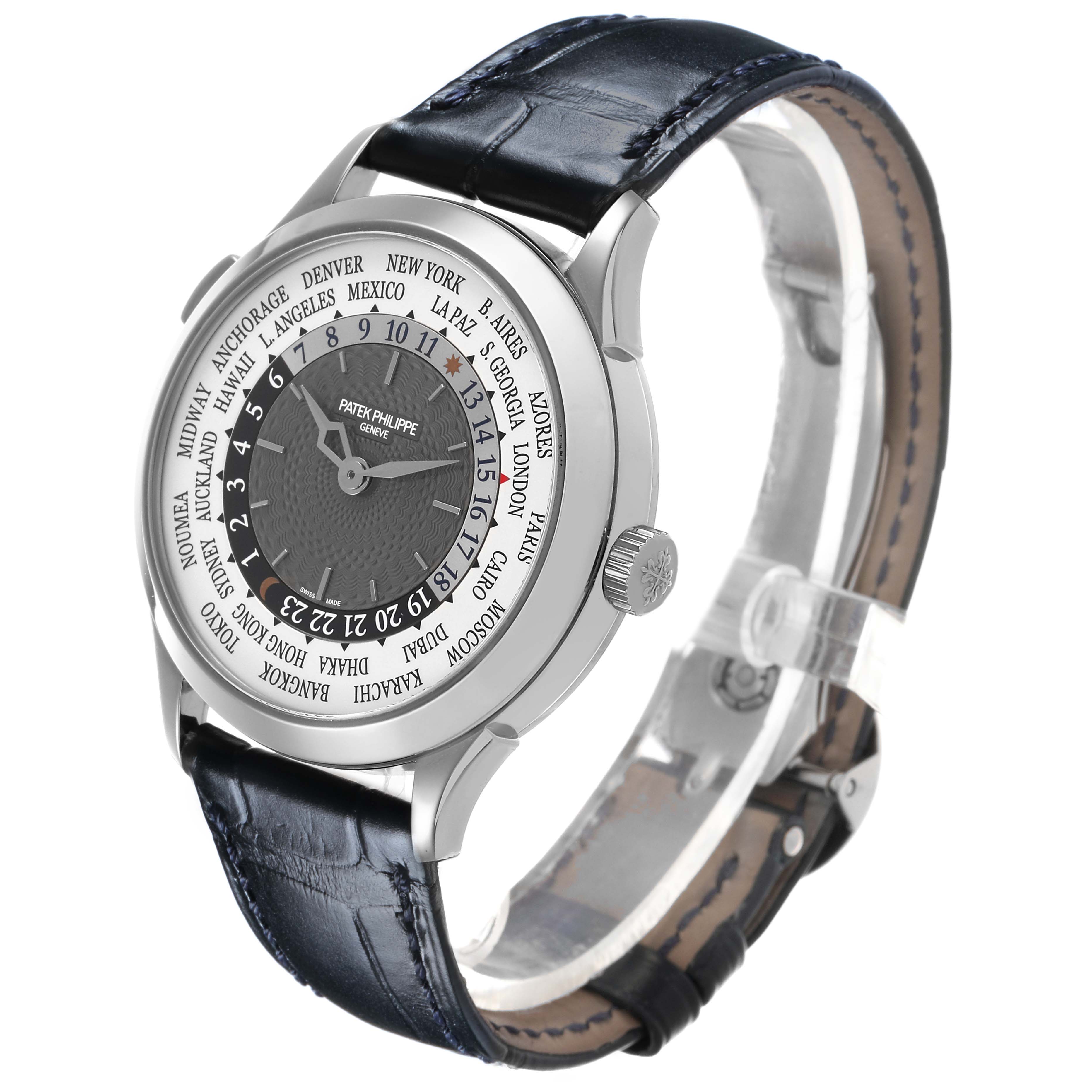 The Patek Philippe Complications 5230G-001 Men's White Gold Grey Dial watch is shown at a three-quarter angle, displaying the dial, bezel, crown, and leather strap.