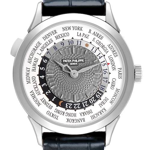 The Patek Philippe Complications 5230G-001 Men's White Gold Grey Dial watch is shown from a top view, displaying the dial, hour markers, hands, and world time cities.