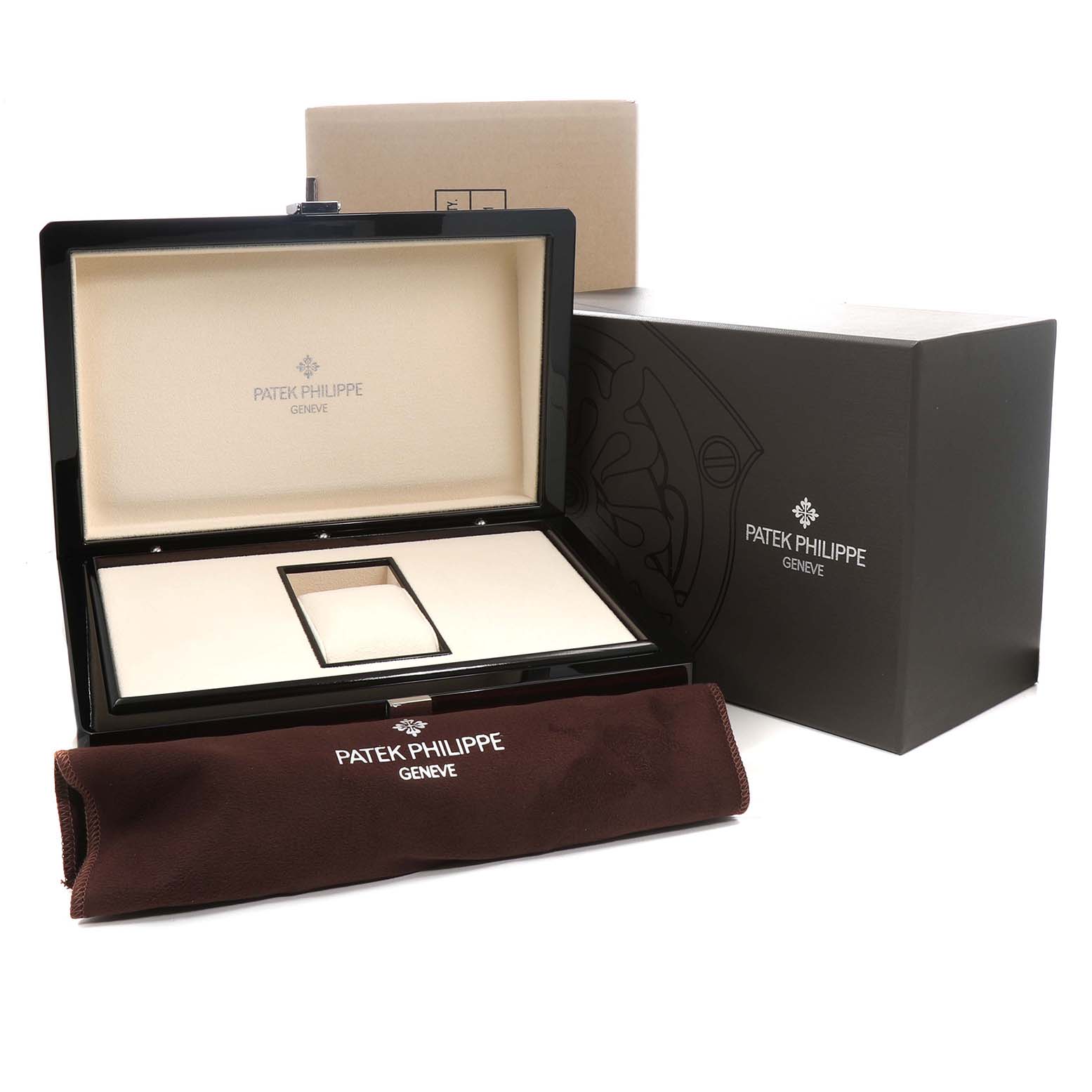 The image shows an open Patek Philippe Complications 5230G-001 Men's White Gold Grey Dial model watch box, along with a branded cloth bag and outer packaging.