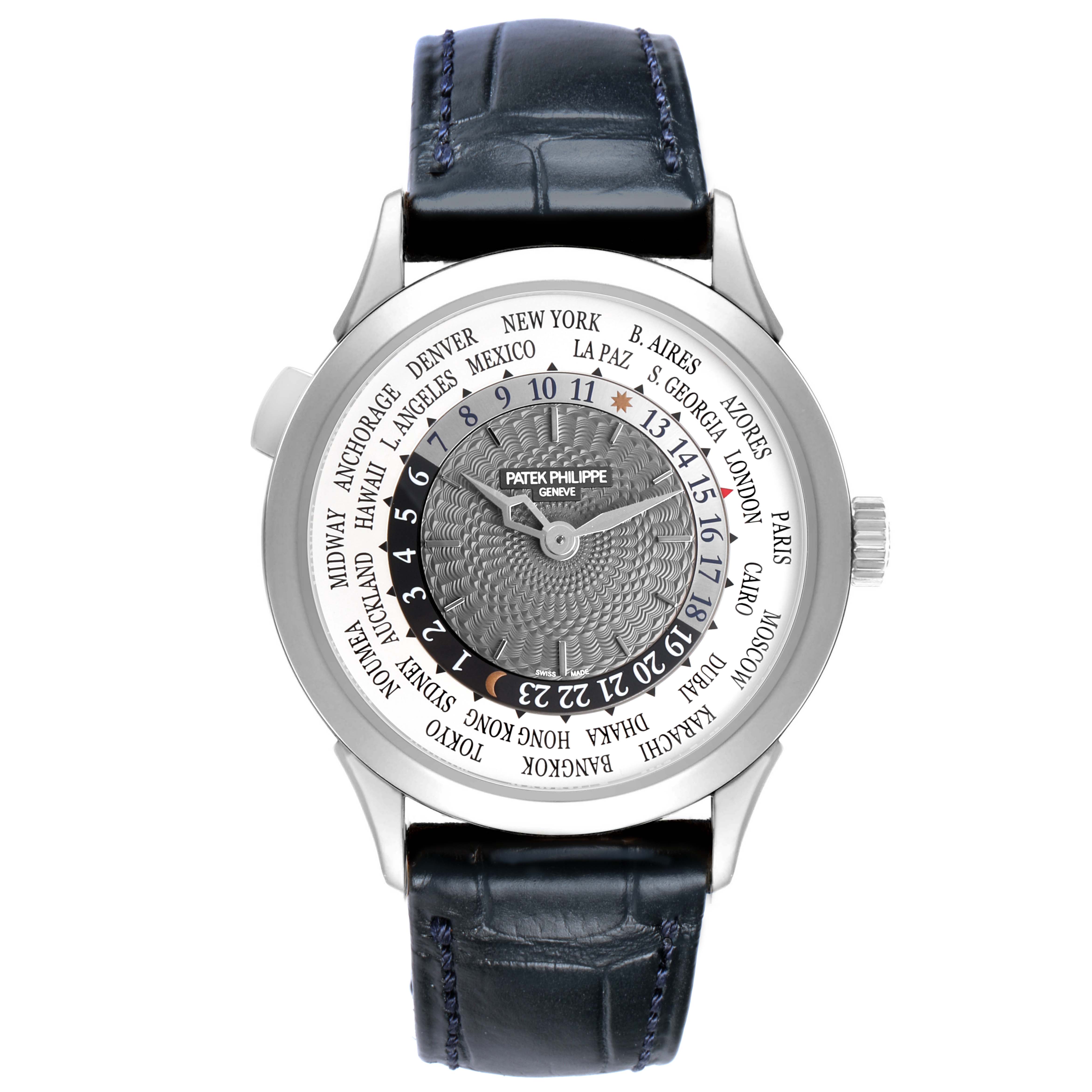 The Patek Philippe Complications 5230G-001 Men's White Gold Grey Dial watch is shown from a top view, featuring the dial, bezel, and leather strap.