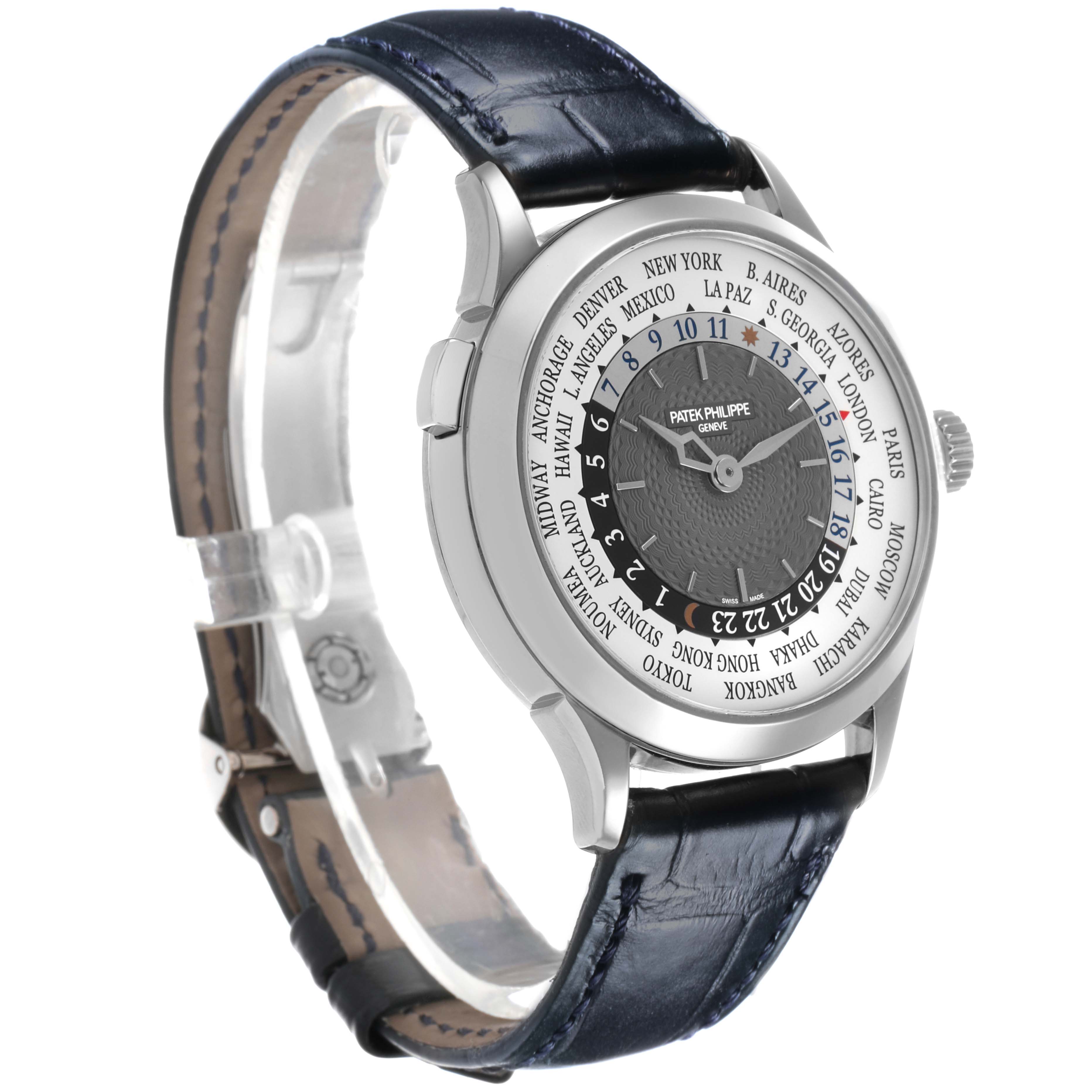The Patek Philippe Complications 5230G-001 Men's White Gold Grey Dial watch is shown at a side angle, highlighting its face, bezel, and leather strap.