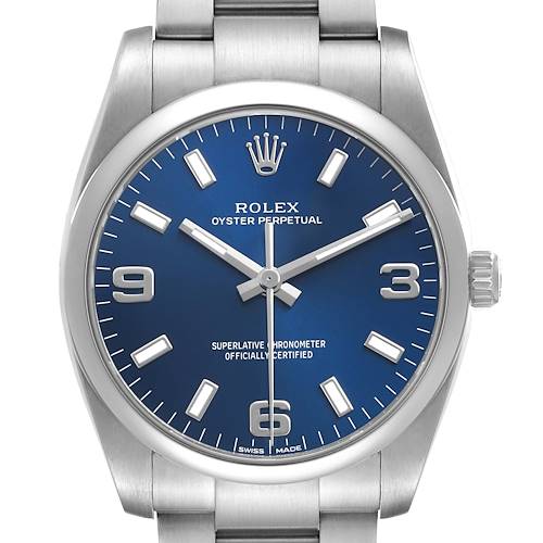 The Rolex Oyster Perpetual 114200 Men's Stainless Steel Blue Dial watch is shown from the front, highlighting the blue dial, hands, markers, and bracelet.