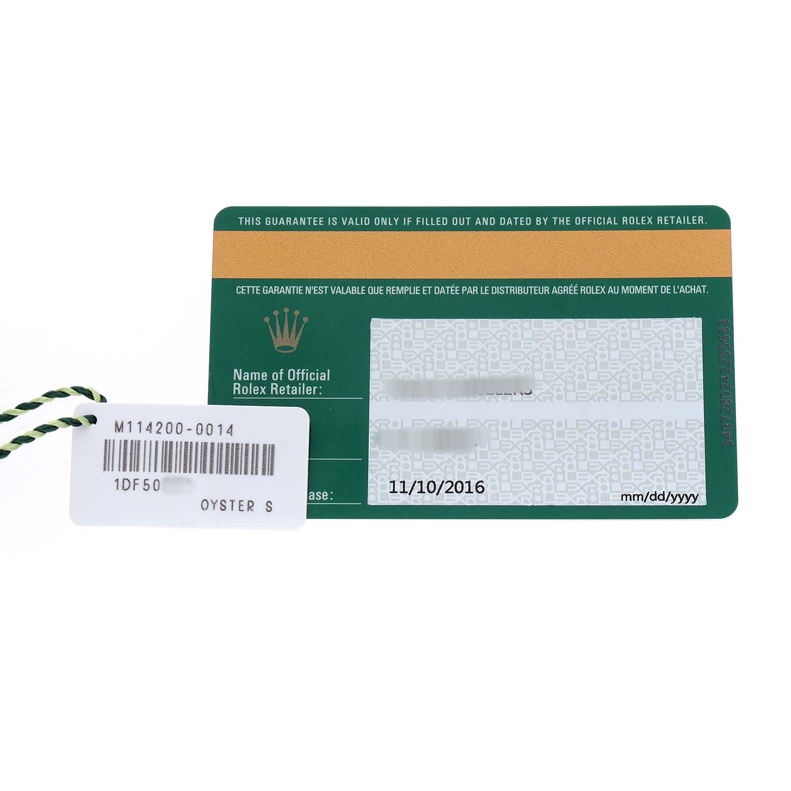 The image shows a warranty card and tag for the Rolex Oyster Perpetual 114200 Men's Stainless Steel Blue Dial model, displaying official details and authenticity.