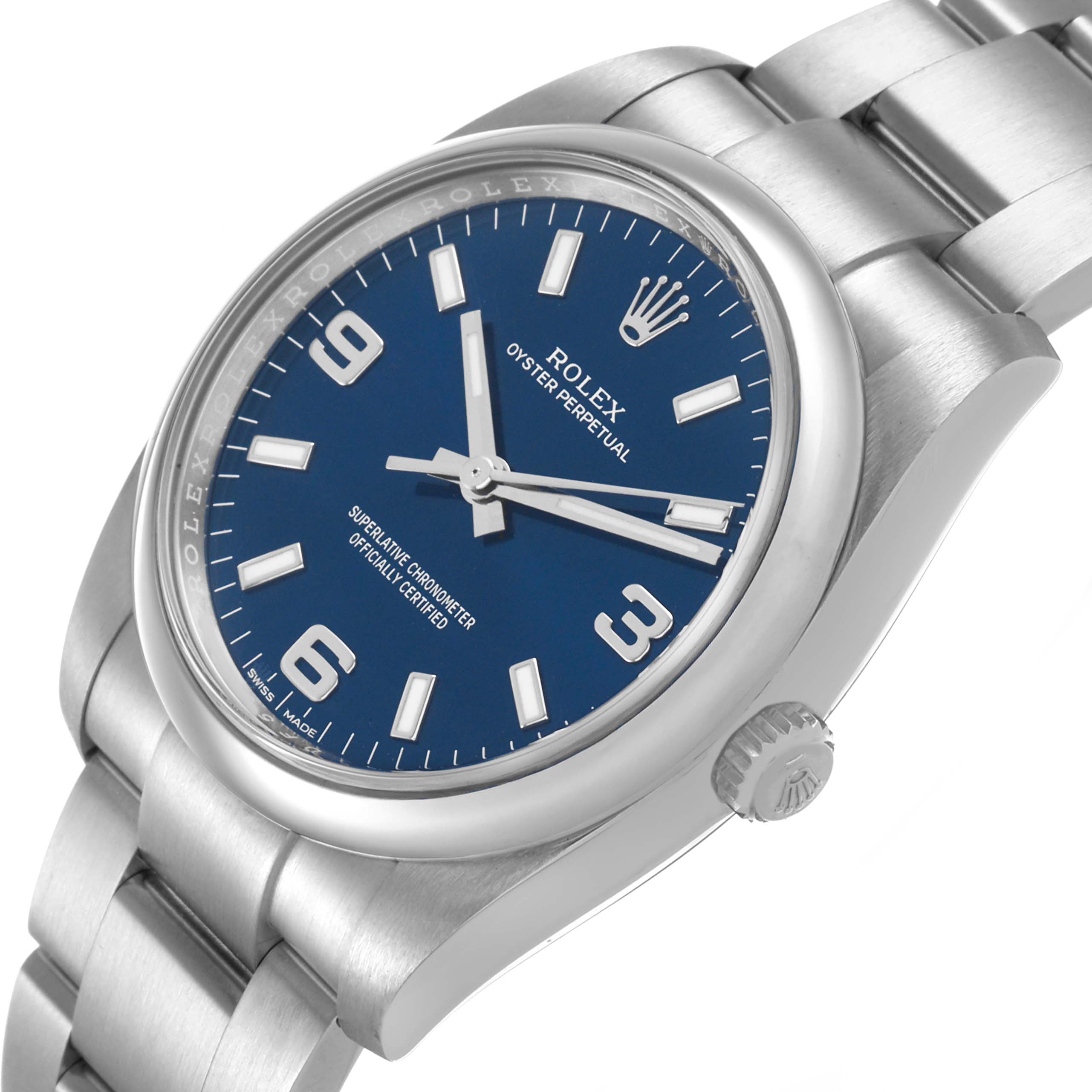 The Rolex Oyster Perpetual 114200 Men's Stainless Steel Blue Dial watch is shown at a tilted angle, highlighting the blue dial, stainless steel bracelet, and crown.