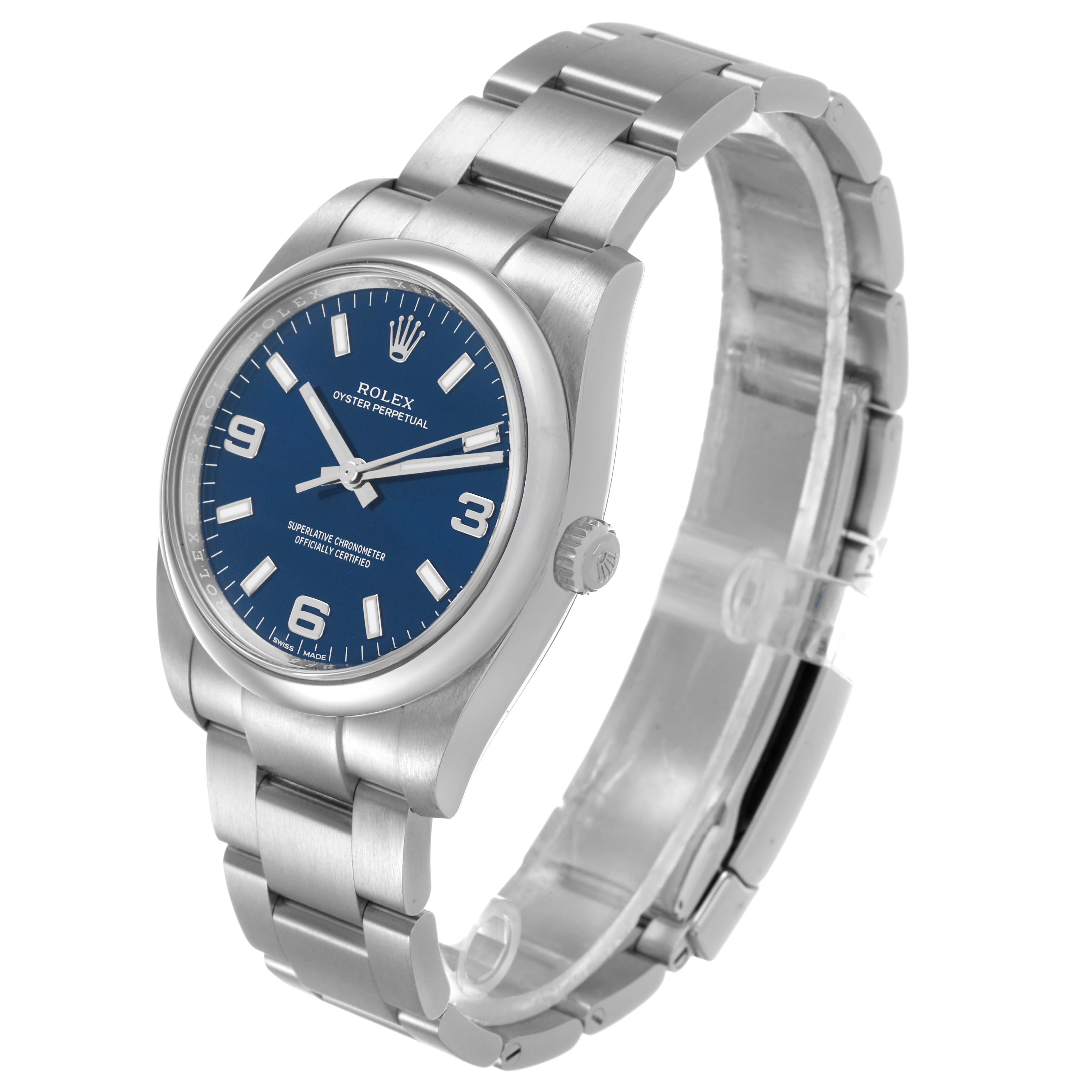 The Rolex Oyster Perpetual 114200 Men's Stainless Steel Blue Dial watch is shown at an angled side view, displaying its blue dial, stainless steel case, and bracelet.
