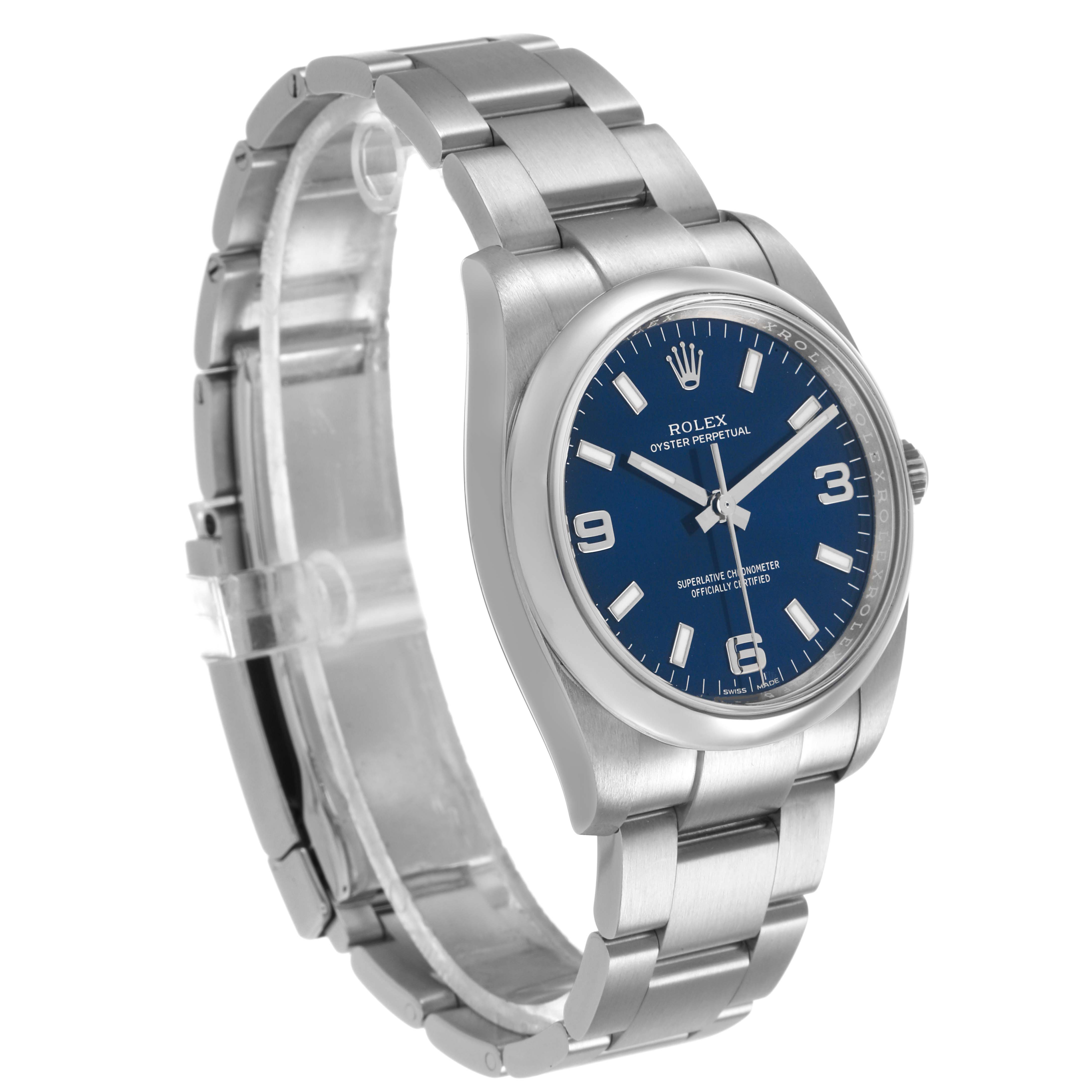 The Rolex Oyster Perpetual 114200 Men's Stainless Steel Blue Dial watch is shown at a slight angle, highlighting the face, bezel, and metal bracelet.