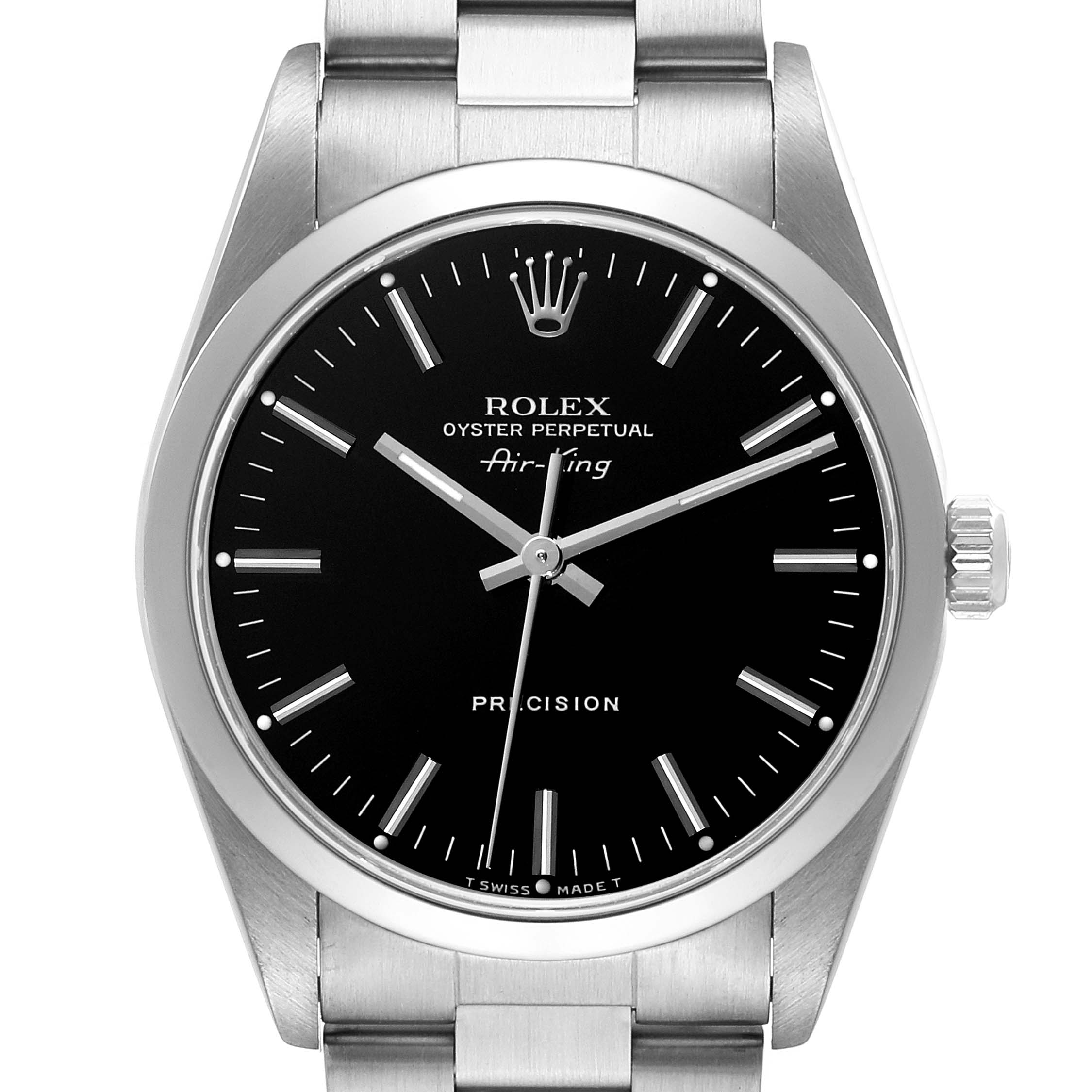 The image shows a front view of a Rolex Air-King 14000 Men's Stainless Steel Black Dial 14000 Men's Stainless Steel Black Dial watch, highlighting the black dial, silver hour markers, hands, and part of the stainless steel bracelet.