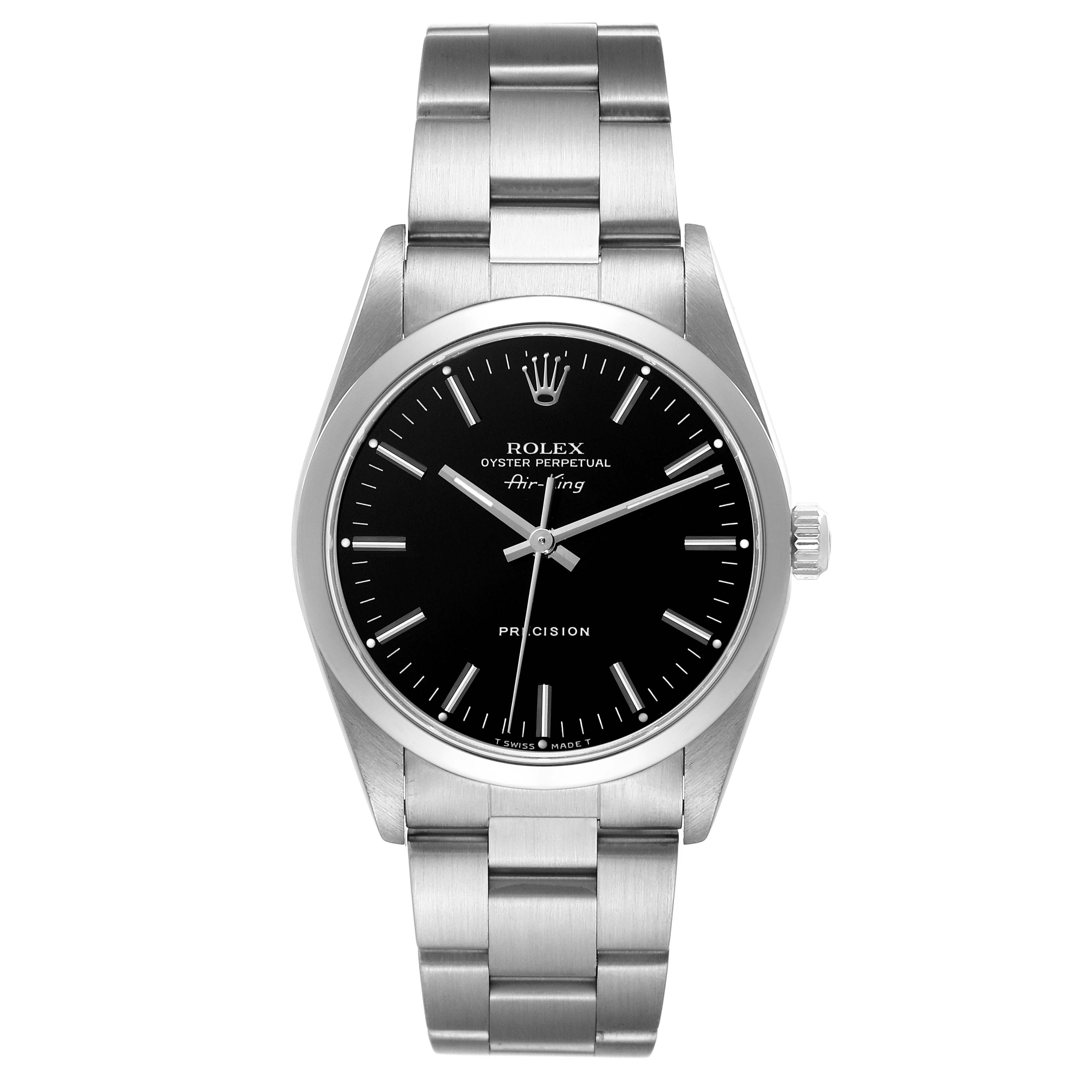 The image shows a frontal view of the Rolex Air-King 14000 Men's Stainless Steel Black Dial 14000 Men's Stainless Steel Black Dial watch, displaying its face, bezel, and bracelet.