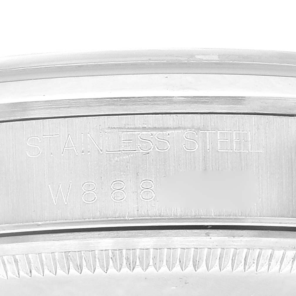 The image shows a close-up of the case back and inscription on a Rolex Air-King 14000 Men's Stainless Steel Black Dial 14000 Men's Stainless Steel Black Dial watch, highlighting the stainless steel material.