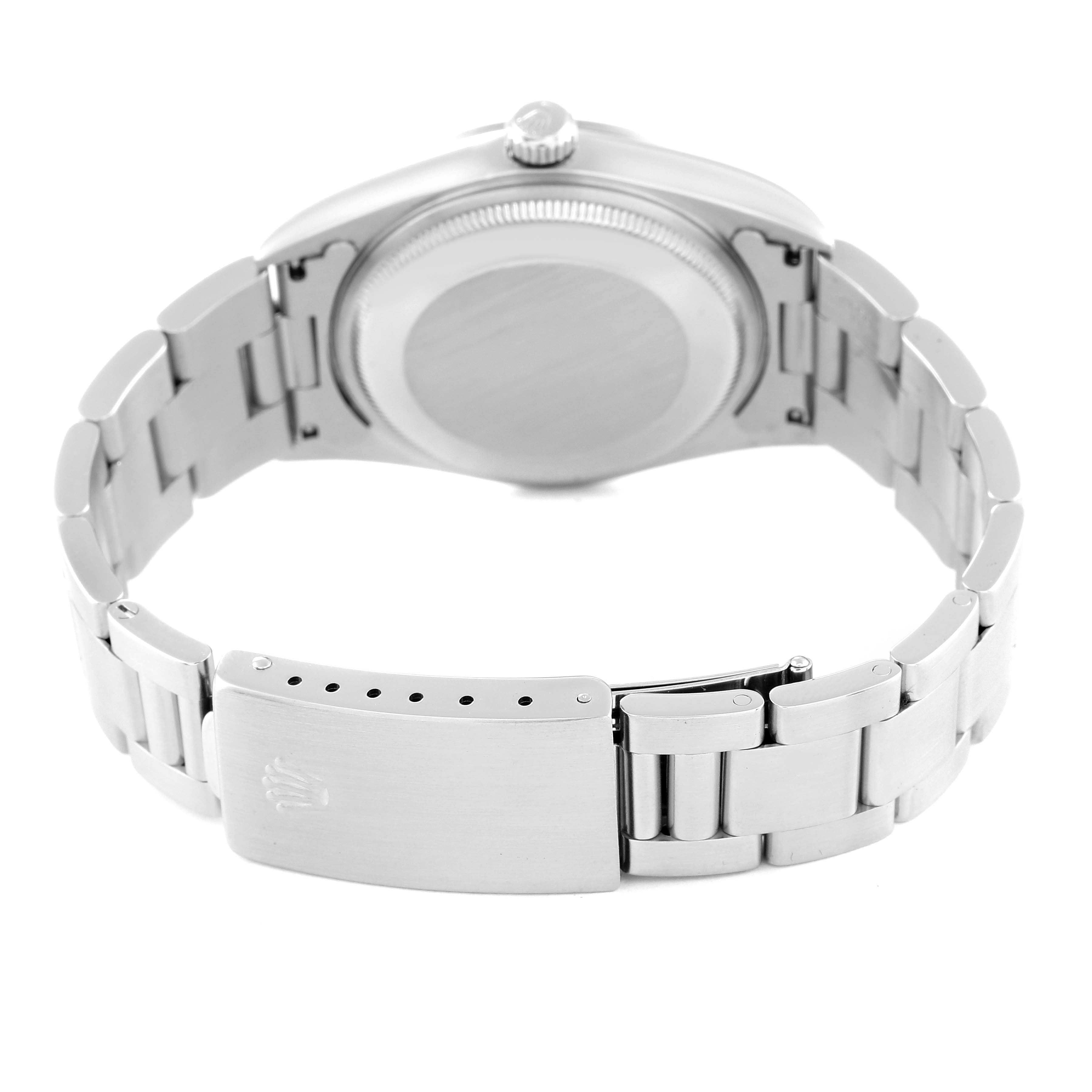 This image shows the backside and bracelet clasp of the Rolex Air-King 14000 Men's Stainless Steel Black Dial 14000 Men's Stainless Steel Black Dial watch.